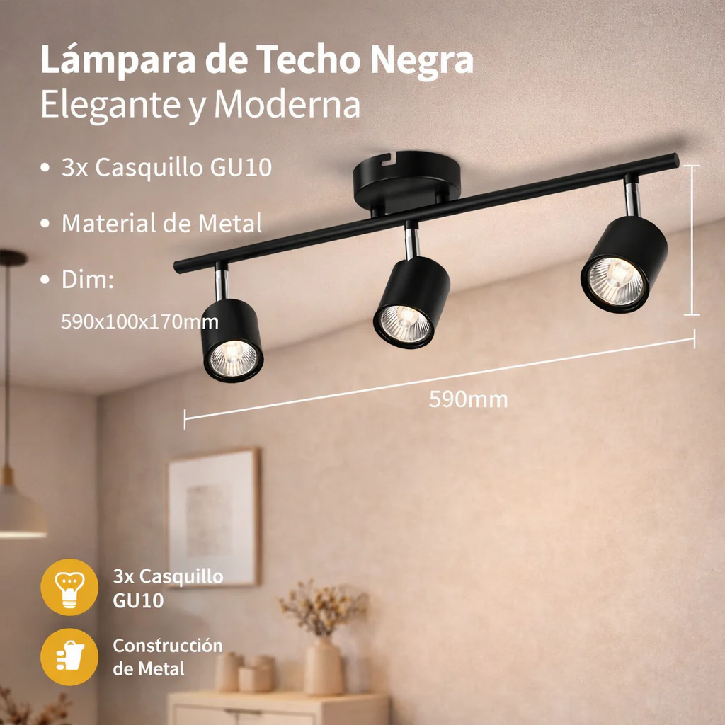 Lámpara De Techo Negra 3X GU10 Elegancia Moderna En Metal De Alta Calidad.