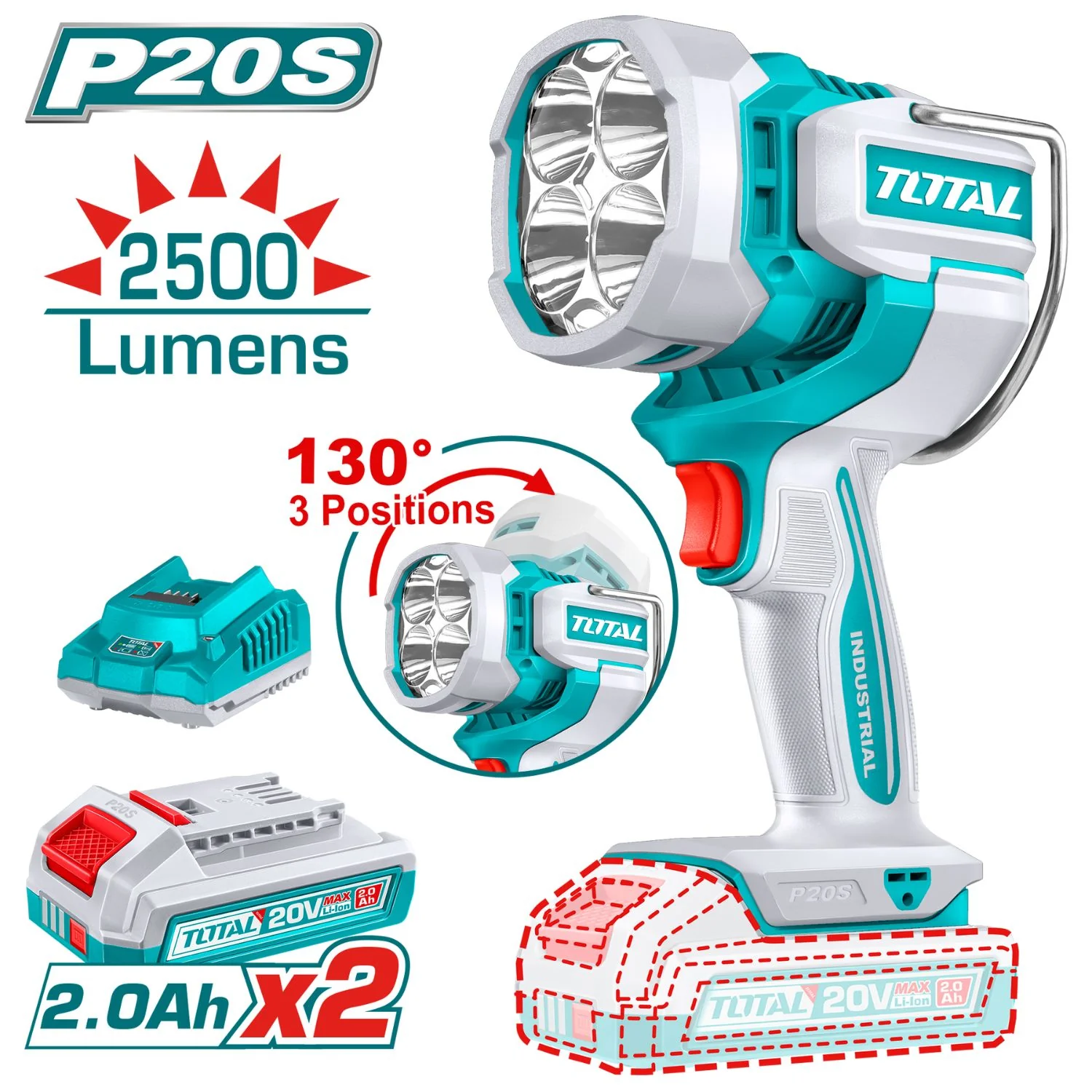 Lámpara De Trabajo Inalámbrica 20V. 2500 Lumens. Cabeza Giratoria De 130°. Incluye 2 Baterías  Y 1 Cargador. Linterna.