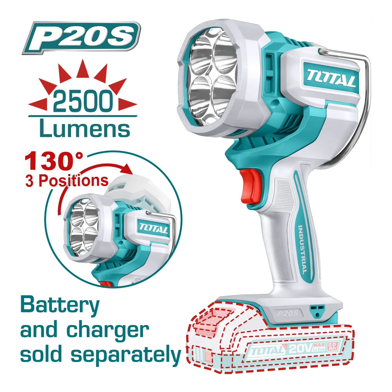 Lámpara De Trabajo Inalámbrica 20V. 2500 Lumens. Cabeza Giratoria De 130°. No Incluye Cargador Ni Batería. Linterna.