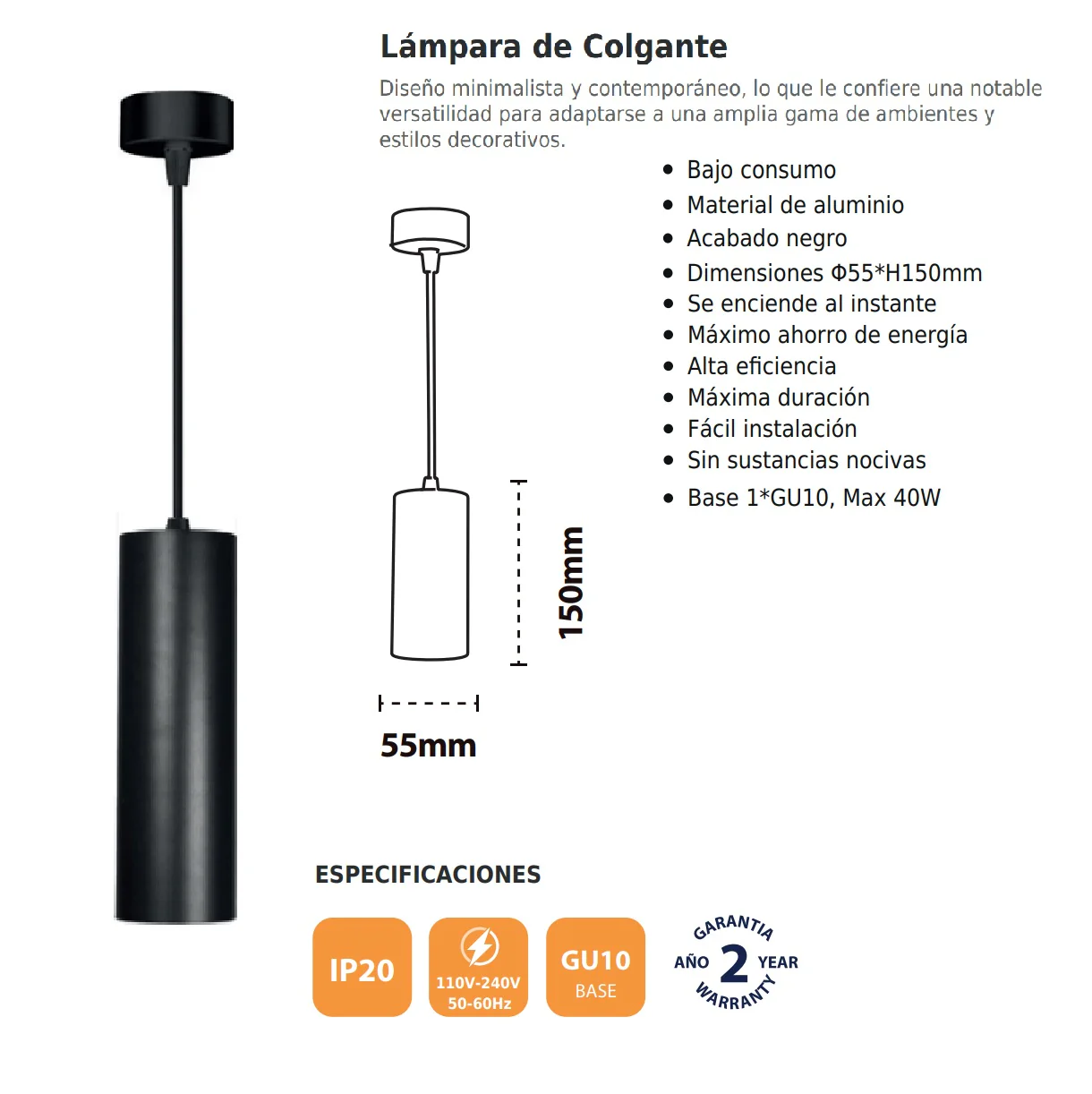 Lámpara LED Colgante Cilíndrica Moderna Negra 1XGU10 De Aluminio 55X150mm Ideal Para Comedores, Cocinas Y Salas De Estar. Lámpara Colgante LED De Tubo Largo. - Image 2