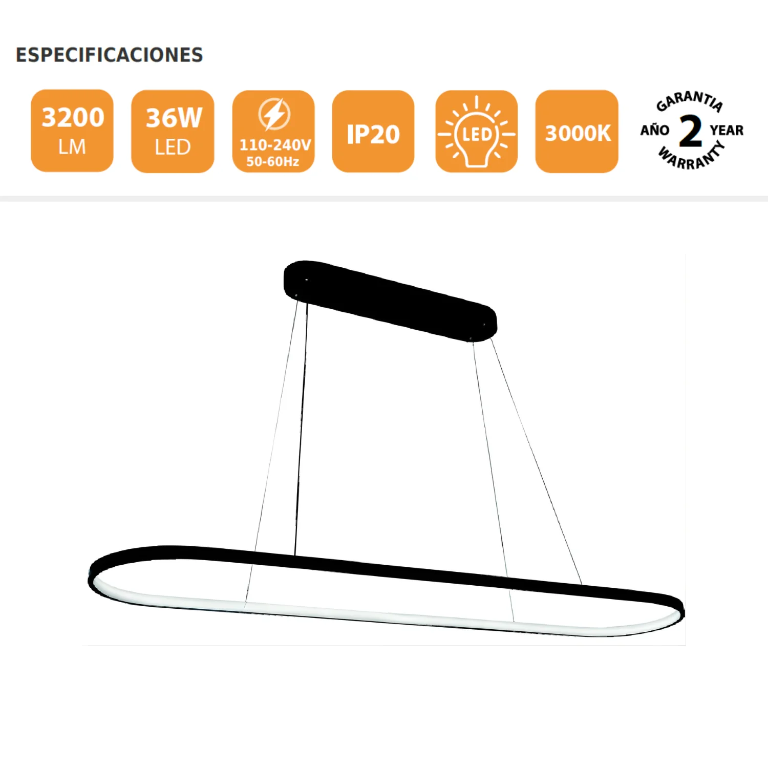 Lámpara Colgante LED 36W 3200LM 3000K Con Diseño Moderno Minimalista Ideal Comedor Y Sala.90 Cm. Color Negro - Image 2