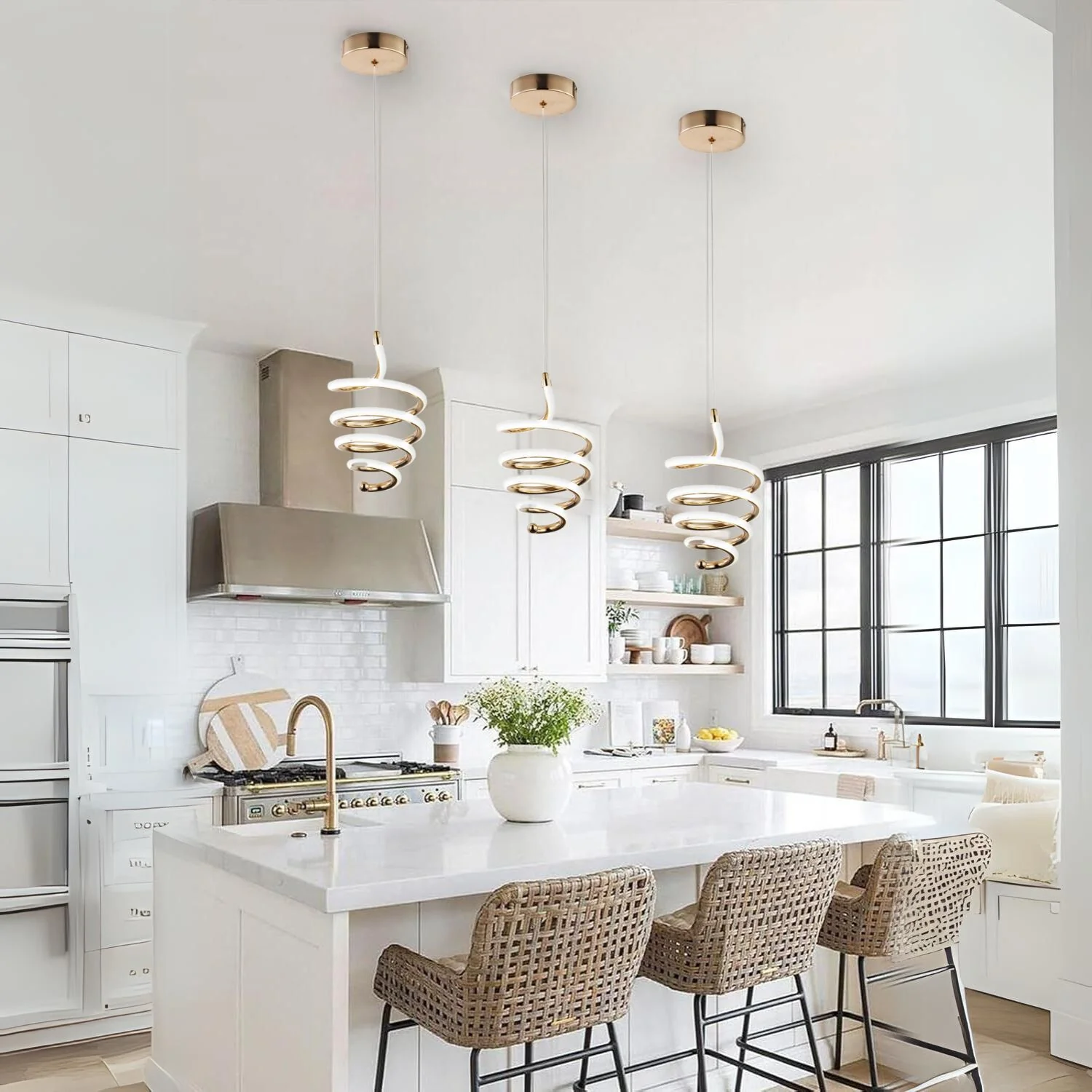 Lámpara LED Colgante En Espiral Dorada 46W, 3588 Lumens, 4000K Luz Neutra 170X900mm Diseño Elegante En Hierro Y Aluminio Para Comedor, Sala O Entrada. Lámpara Estilo Helicoidal.