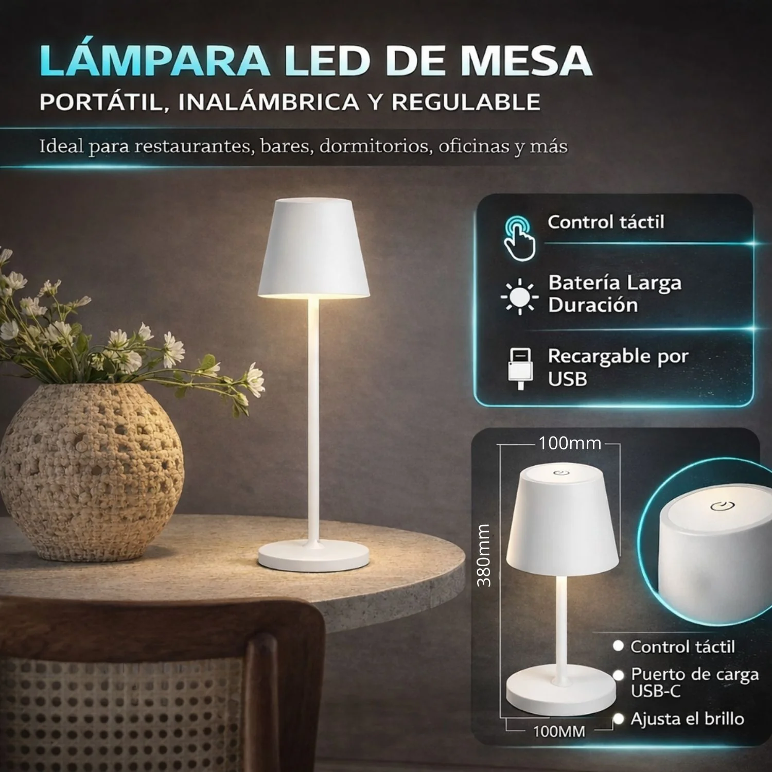 Lámpara LED De Mesa Portátil E Inalámbrica. Diseño Moderno Con Base Cuadrada. 3 Tonos De Luz. Control Táctil Con Atenuación Continua. Color Blanco.  Usado En Restaurantes