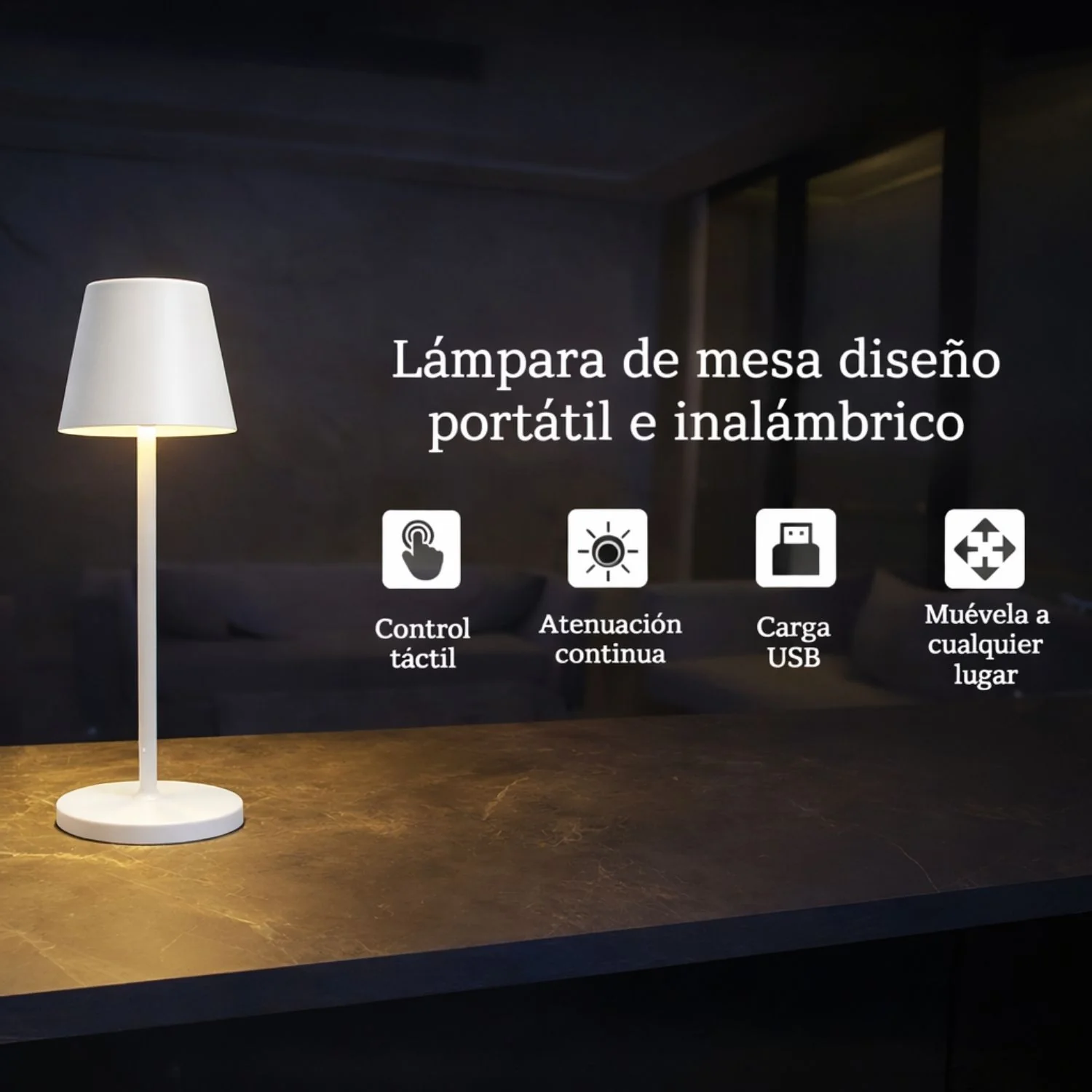 Lámpara LED De Mesa Portátil E Inalámbrica. Diseño Moderno Con Base Cuadrada. 3 Tonos De Luz. Control Táctil Con Atenuación Continua. Color Blanco.  Usado En Restaurantes - Image 2