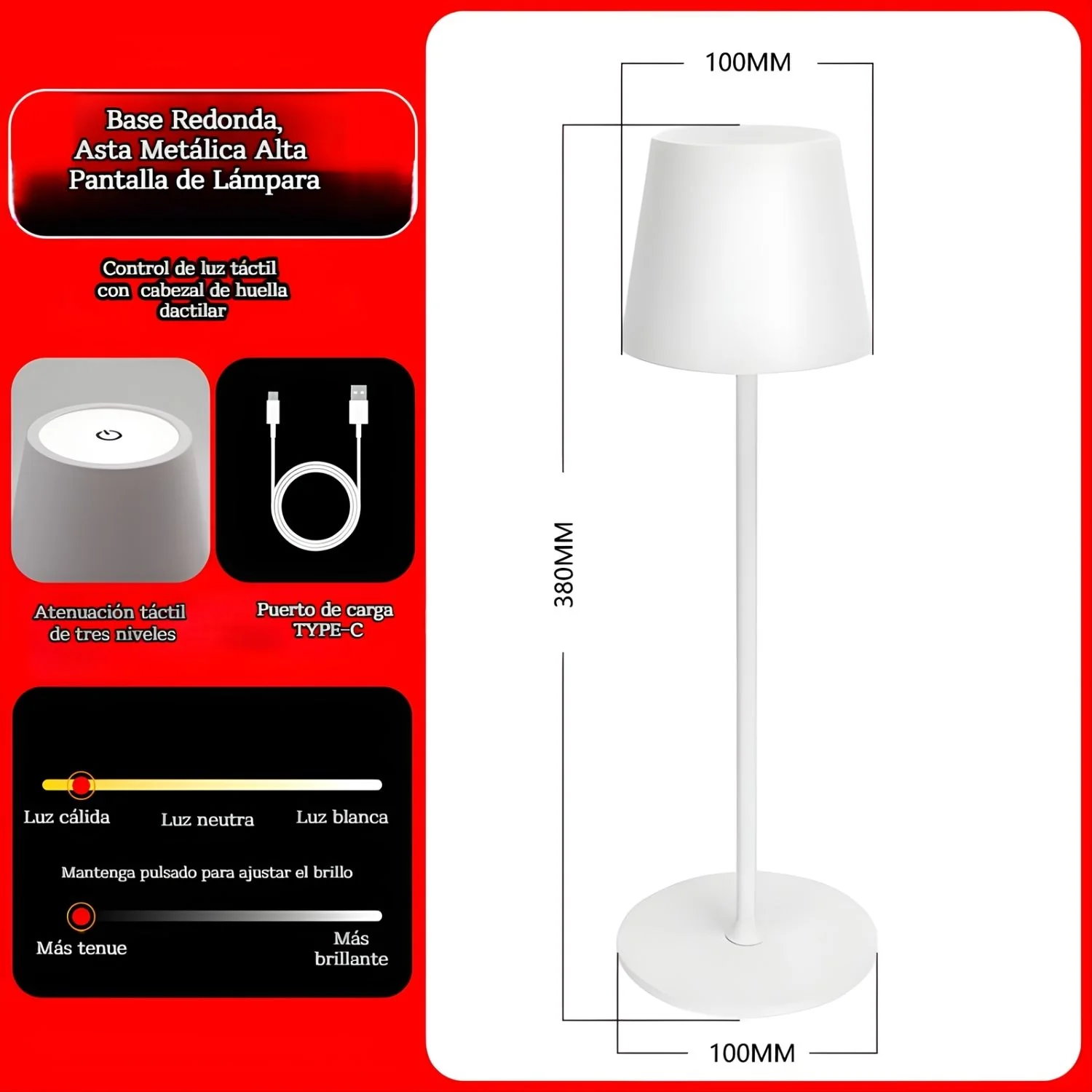 Lámpara LED De Mesa Portátil E Inalámbrica. Diseño Moderno Con Base Cuadrada. 3 Tonos De Luz. Control Táctil Con Atenuación Continua. Color Blanco.  Usado En Restaurantes - Image 3