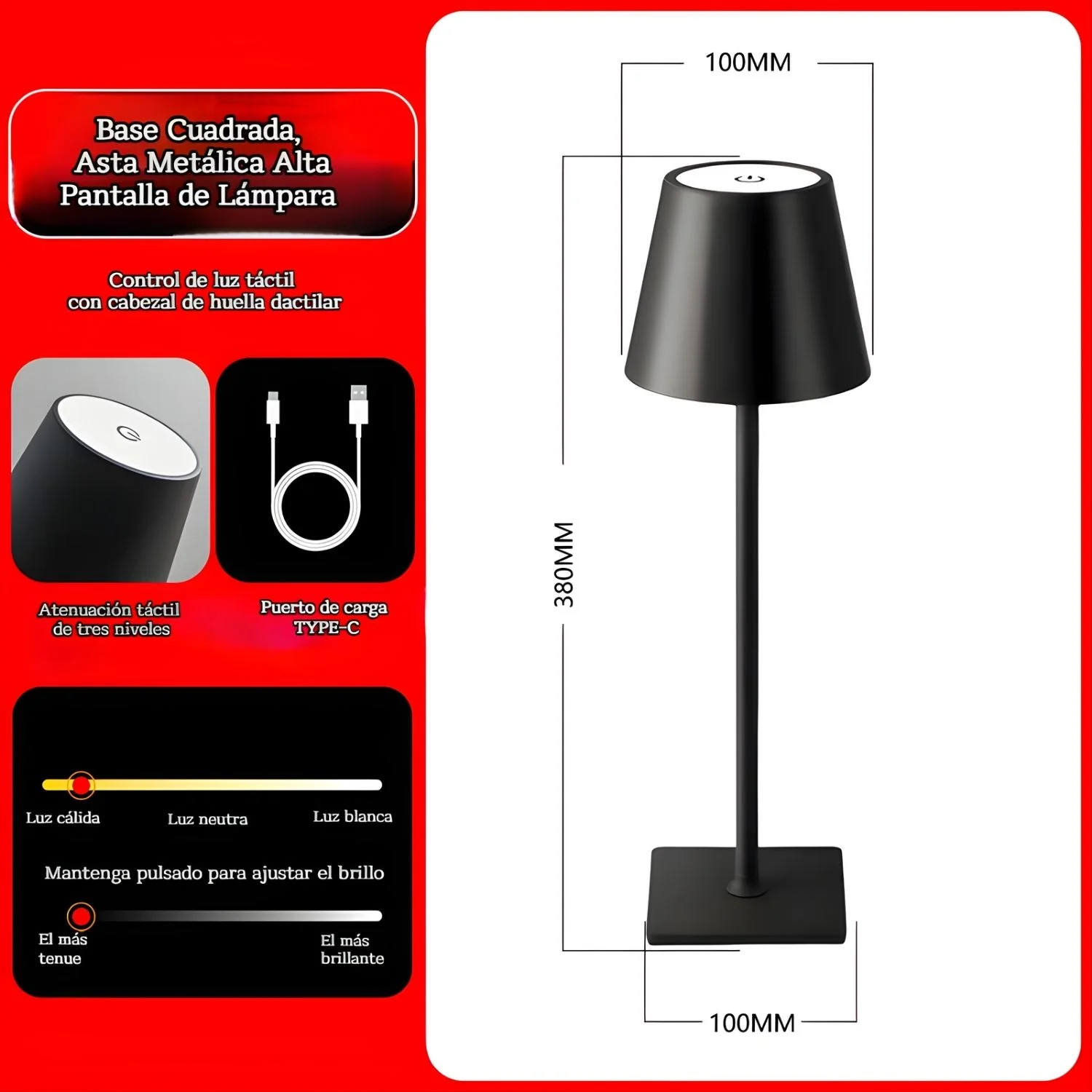 Lámpara LED De Mesa Portátil E Inalámbrica. Diseño Moderno Con Base Cuadrada. 3 Tonos De Luz. Control Táctil Con Atenuación Continua. Color Negro. Usado En Restaurantes - Image 3
