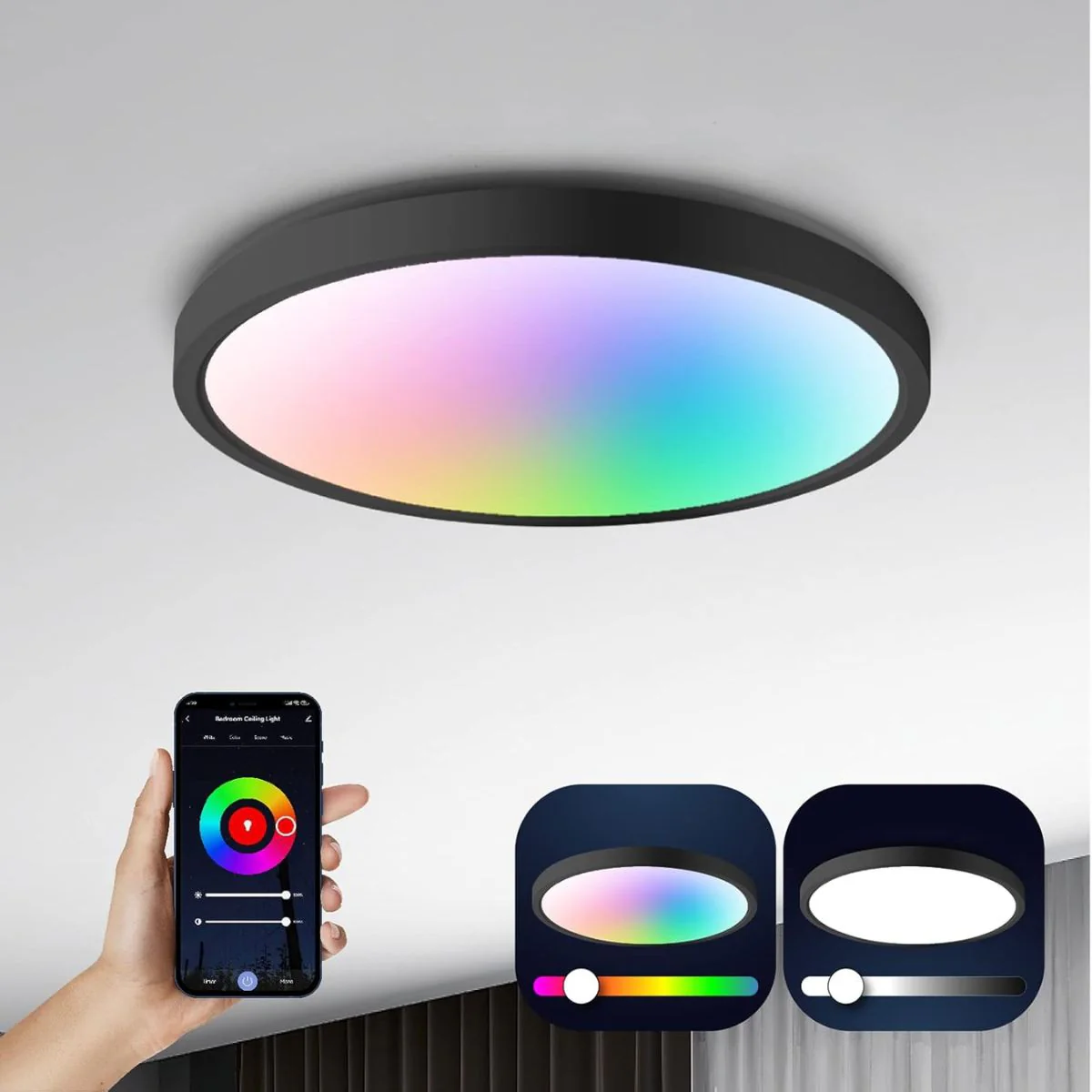 Lampara LED De Techo Inteligente 24W RGB + Blanco Cálido Y Frío. 30 Cm Luz Regulable Con Wifi. Iluminación Multicolor. Carcasa Negra. - Image 2