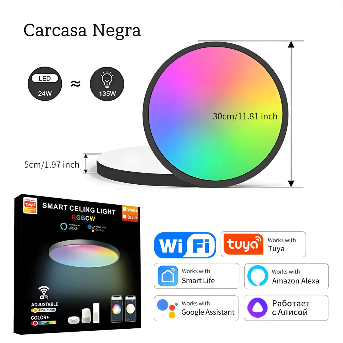Lampara LED De Techo Inteligente 24W RGB + Blanco Cálido Y Frío. 30 Cm Luz Regulable Con Wifi. Iluminación Multicolor. Carcasa Negra. - Image 5