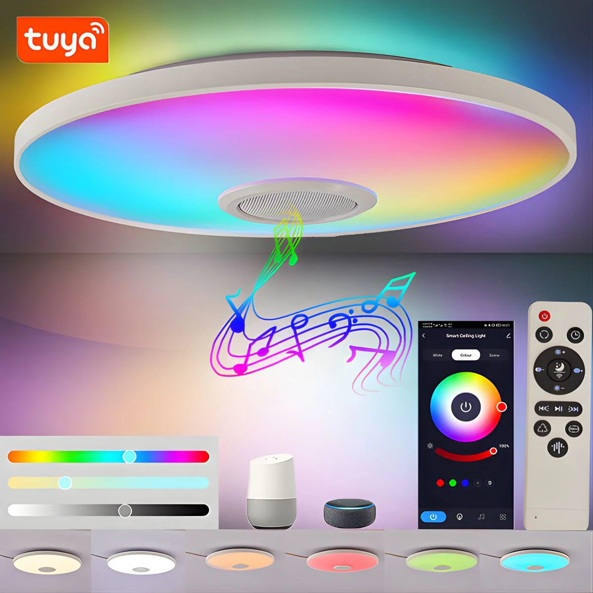 Lámpara LED De Techo Inteligente Bocina +RGB + Blanco Cálido Y Frío. Luz Regulable Con Wifi, App Tuya Y Control Remoto. 30Cm 36W