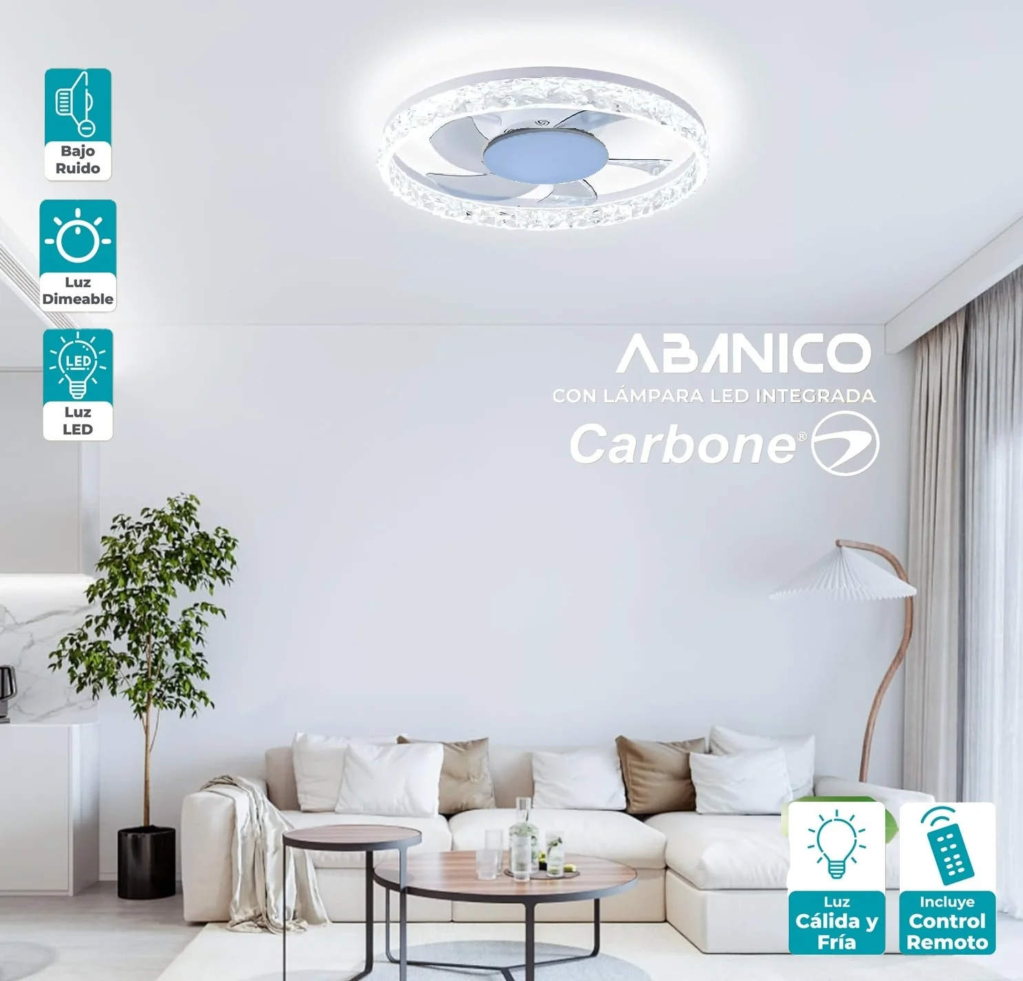 Lampara LED Decorativa Abanico De Aspas Retraibles Invisibles Diseño Diamante Cristal Dimeable 3000-6500K 20" (50Cm) 50W