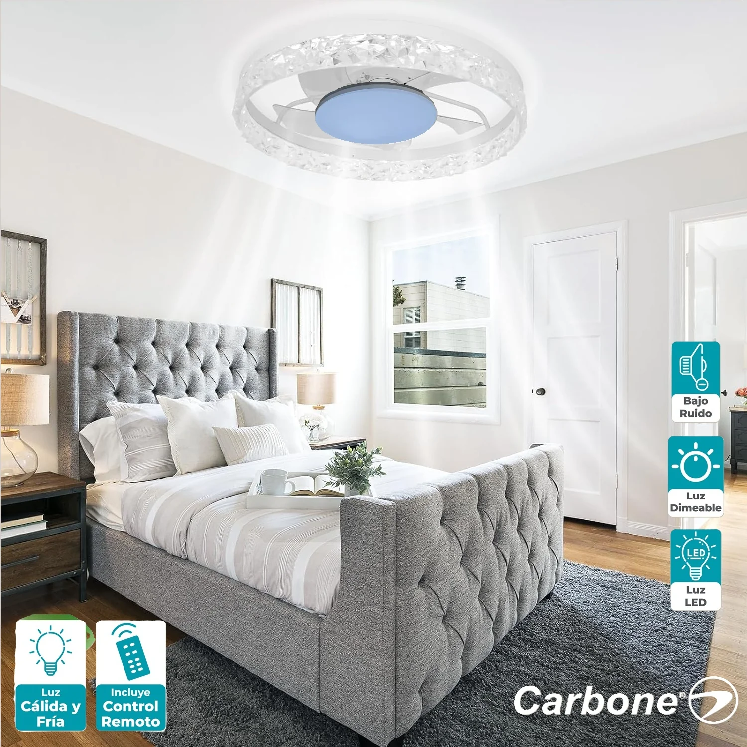 Lampara LED Decorativa Abanico De Aspas Retraibles Invisibles Diseño Diamante Cristal Dimeable 3000-6500K 20" (50Cm) 50W - Image 3