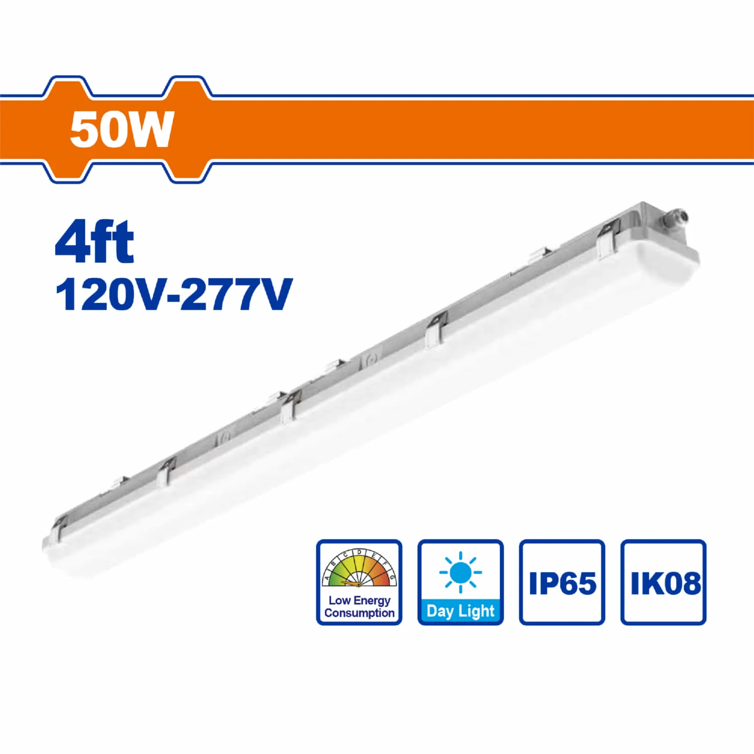 Lámpara LED Rectangular Industrial IP65 50W Long. 4 Pies. 6500K 120Lm Luz Diurna. 1200X95x76mm Anti Agua Para Bodegas.