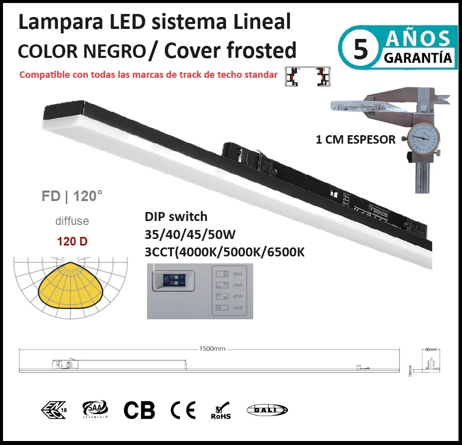 Lampara Lineal Colgante Comercial 1.5M Negra Frosted 7000Lm DIP 35-50W Ajustable 4000K/5000K/6500K CRI90 3 Cables AC100-227V
