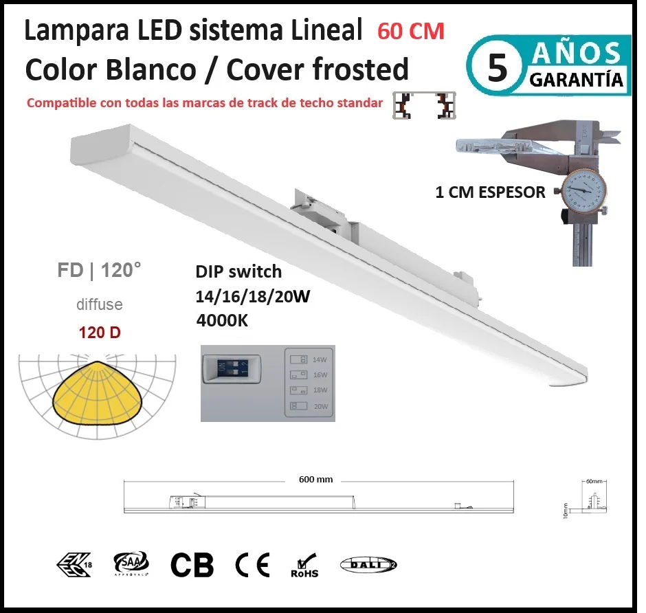 Lamparas Lineales Comerciales 60 Cm 4000K Blanca Frosted 3200Lm 20W DIP Ajustable 14/16/18/20W CRI90 3 Cables AC100-227V