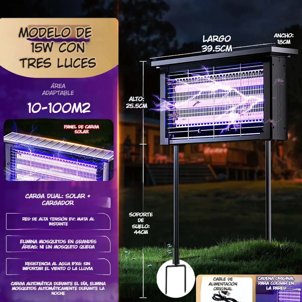 Lámpara Mata Insectos Solar 15W. Trampa Para Mosquitos Con Panel Solar Y Luz UV. Resistente Al Agua IPX6 Para Exteriores. - Image 3