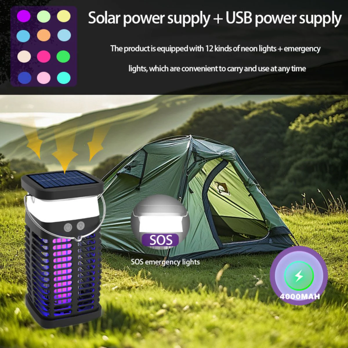 Lámpara Mata Insectos. Trampa Para Mosquitos Eléctrica Portátil Con Panel Solar 4200V. Luz UV Inalámbrica. - Image 5