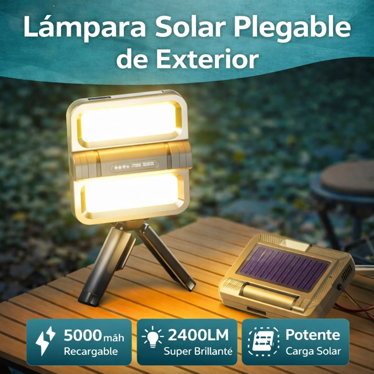 Lámpara Portátil Solar Plegable 2400Lm 5000Mah. Color Verde Militar. Recargable Por USB-C (141×100×30Mm). Luz De Emergencia.
