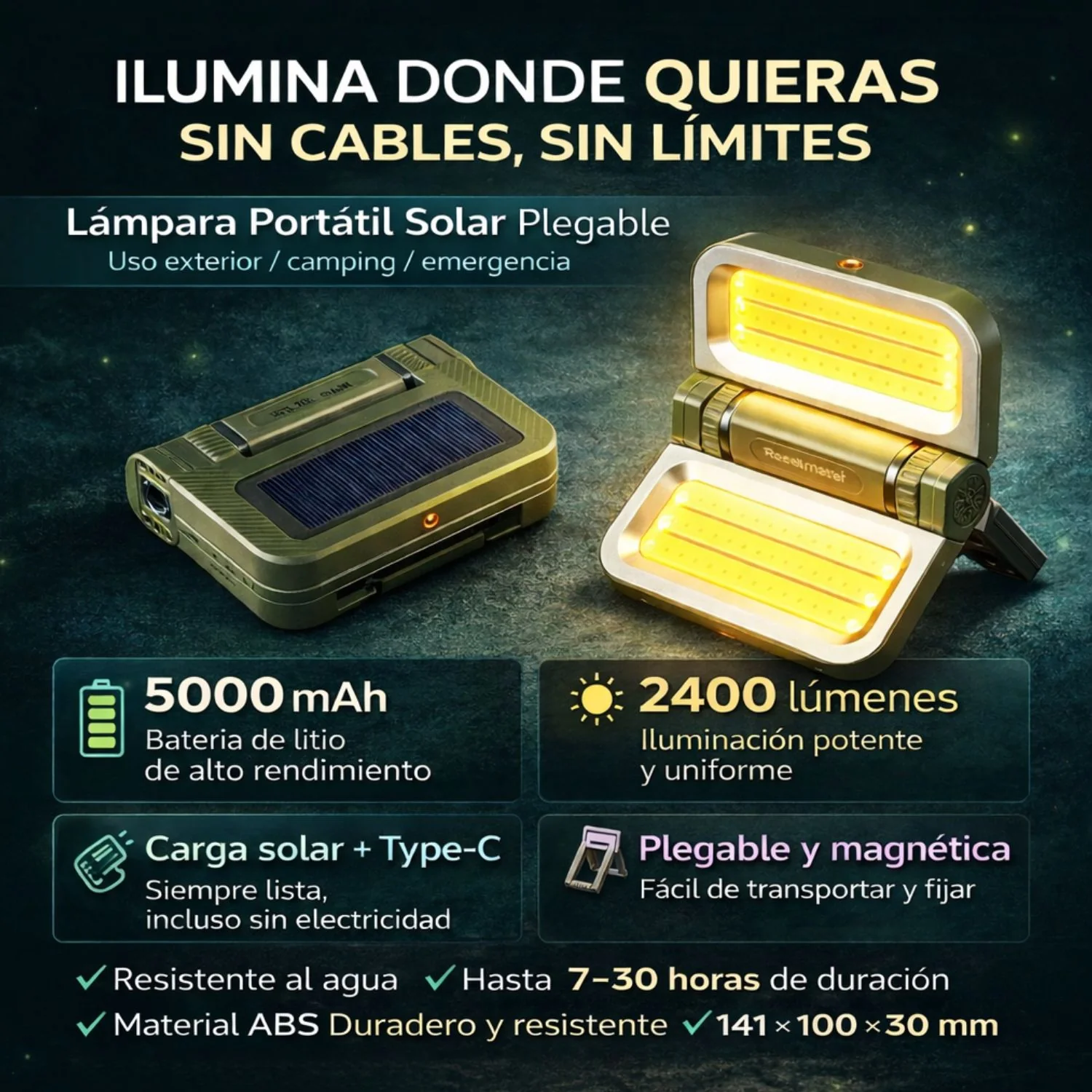 Lámpara Portátil Solar Plegable 2400Lm 5000Mah. Color Verde Militar. Recargable Por USB-C (141×100×30Mm). Luz De Emergencia. - Image 2