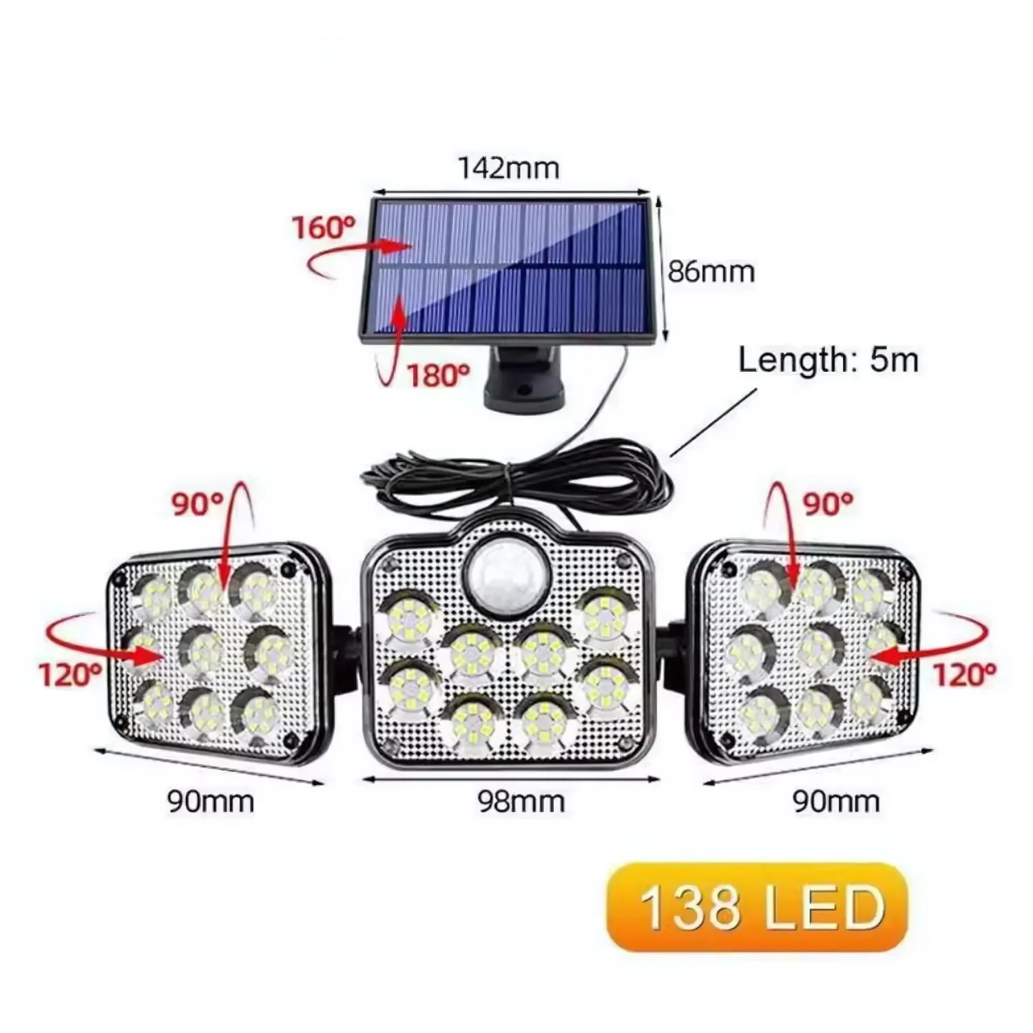Lámpara Solar Con Sensor De Movimiento, 3 Cabezas Rotativas, COB 138 LED, Impermeable, Batería 2400Mah Luz Exterior