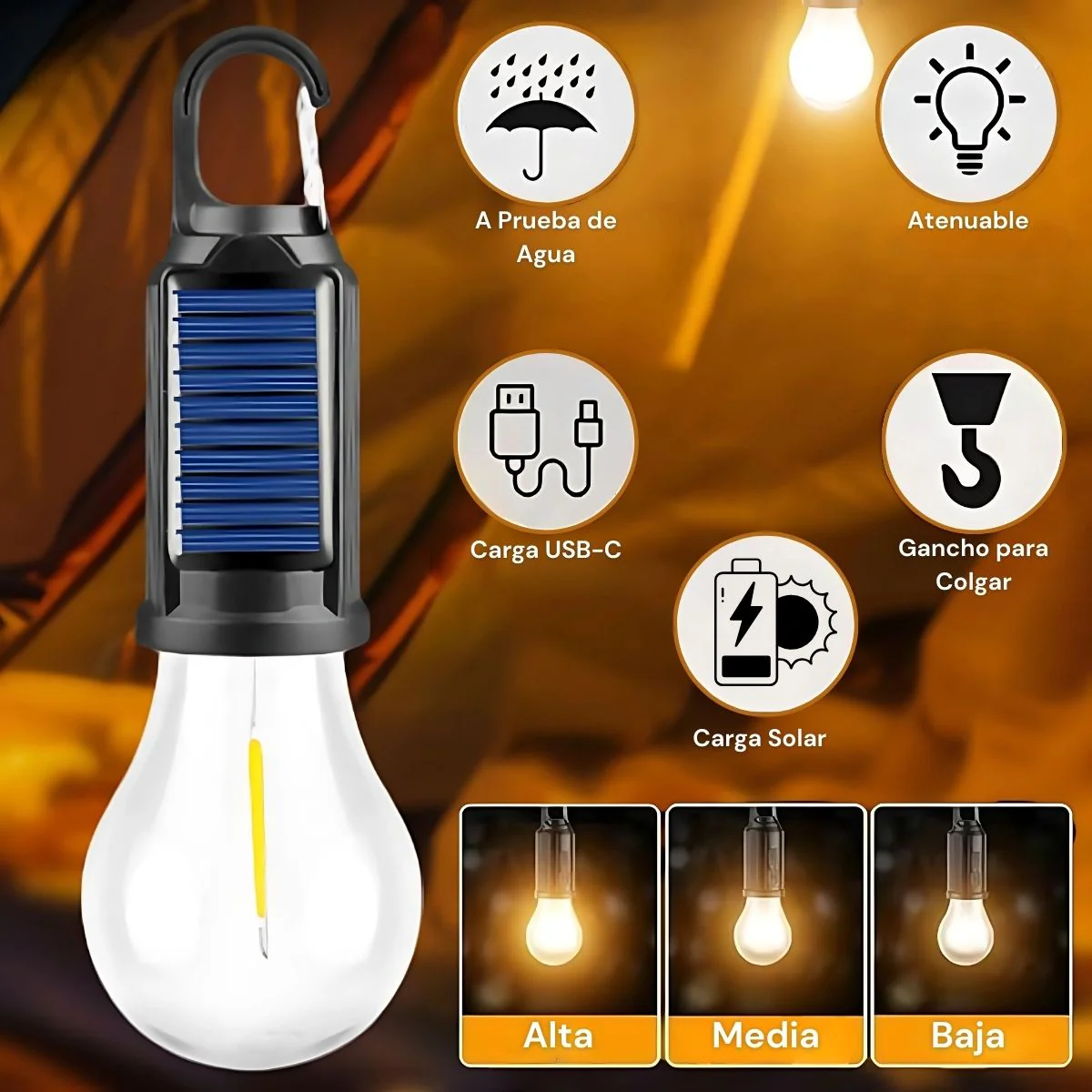 Lámpara Solar De Camping Portátil Recargable USBC. Foco Con Gancho Para Exteriores. Bombilla LED Regulable. Luz Calida Con Dimmer