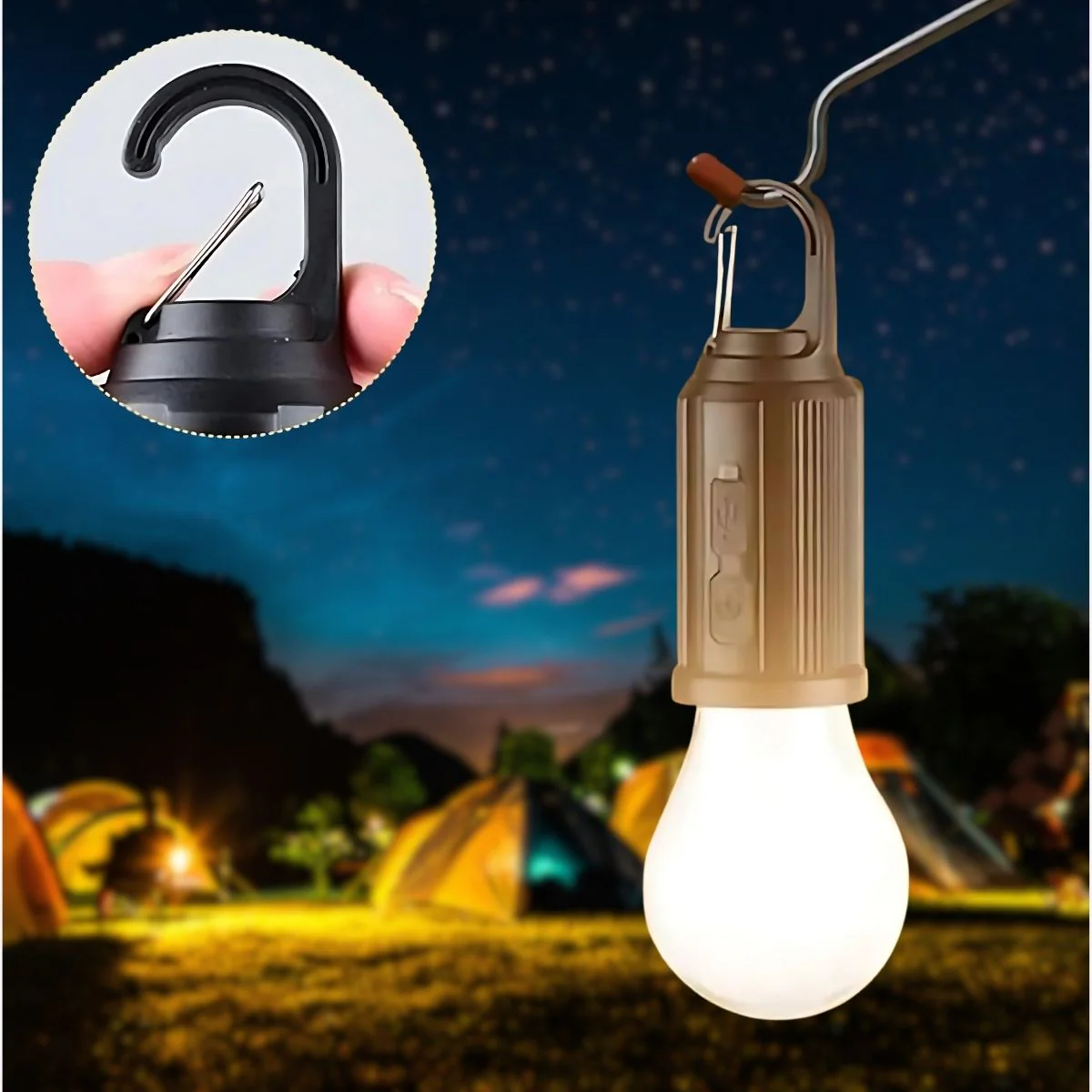 Lámpara Solar De Camping Portátil Recargable USBC. Foco Con Gancho Para Exteriores. Bombilla LED Regulable. Luz Calida Con Dimmer - Image 2