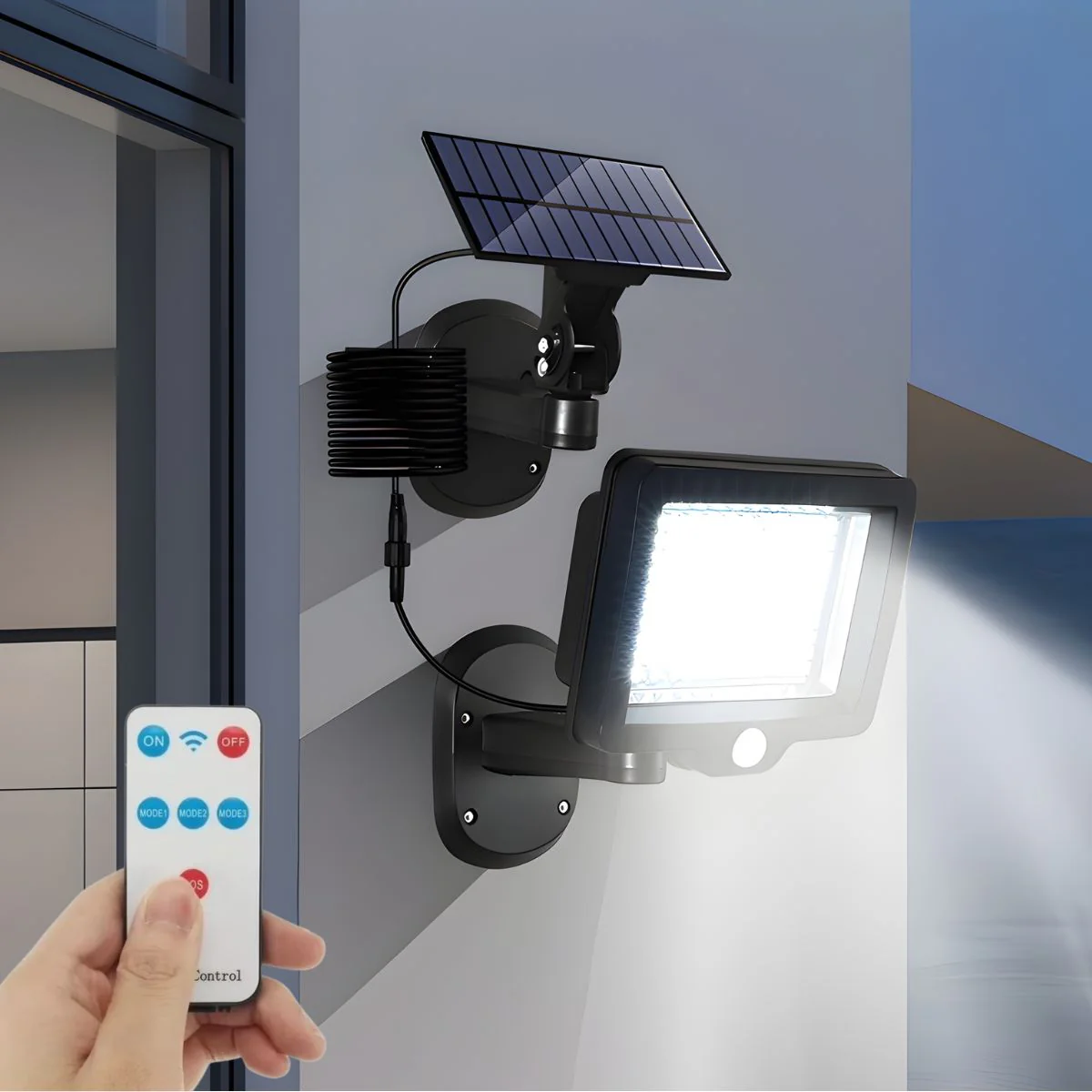 Lámpara Reflector Solar Exterior LED 5.5V Con Sensor De Movimiento Panel Separado Ajustable Impermeable. Luz De Seguridad Jardín Patio Control Remoto Y Autonomía 12H