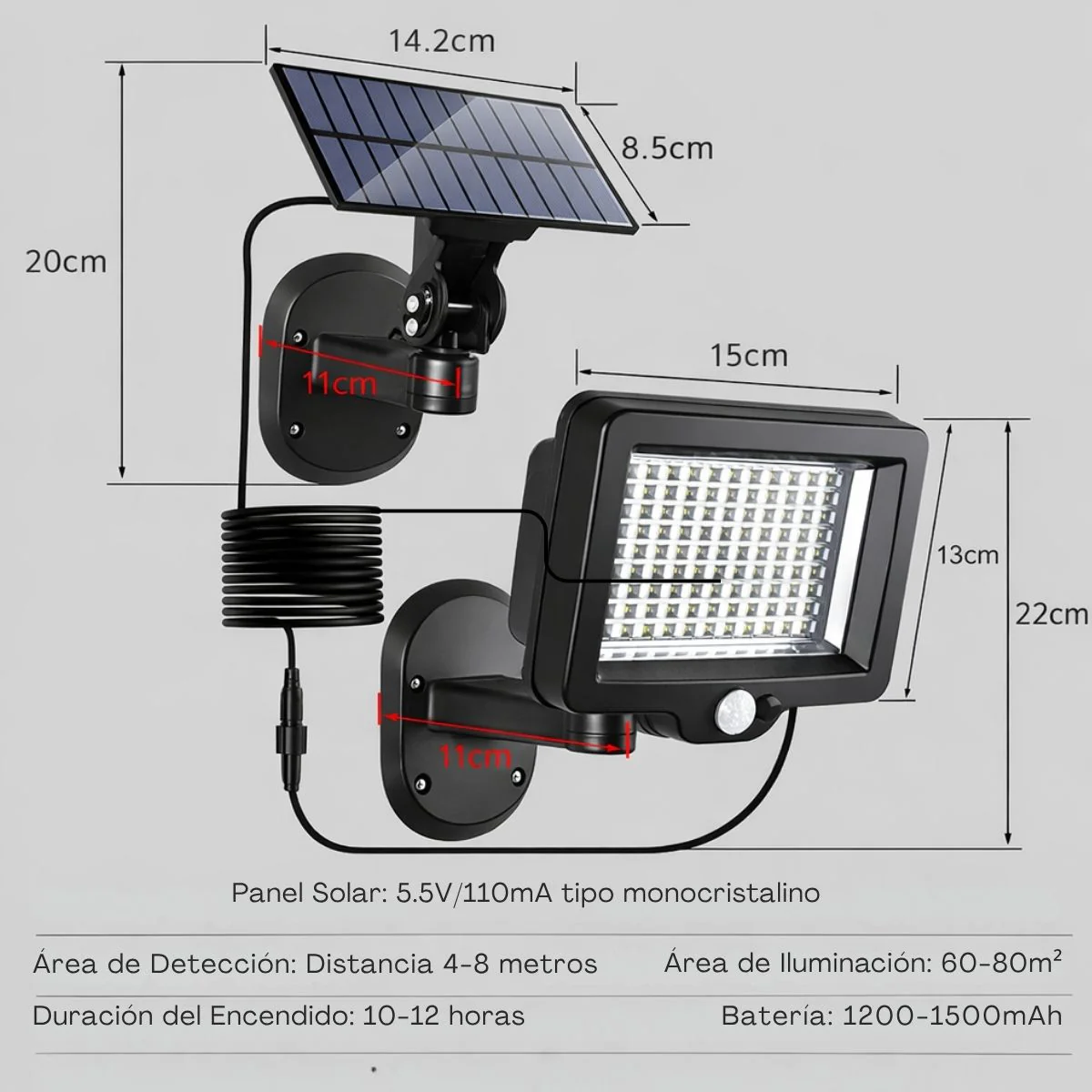 Lámpara Reflector Solar Exterior LED 5.5V Con Sensor De Movimiento Panel Separado Ajustable Impermeable. Luz De Seguridad Jardín Patio Control Remoto Y Autonomía 12H - Image 5