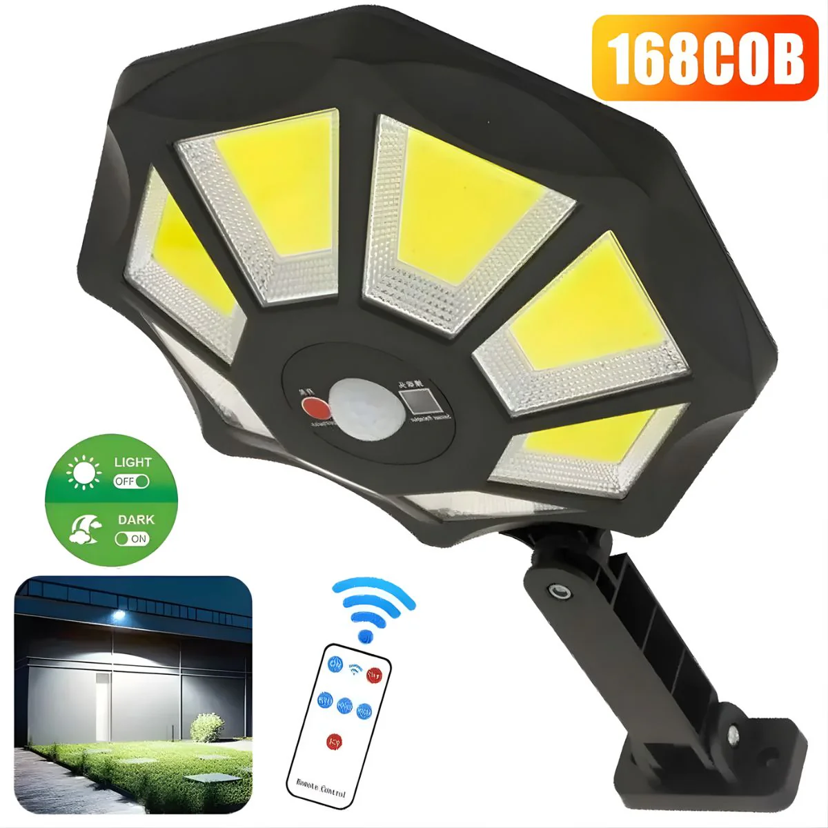 Lámpara Solar LED Con Sensor De Movimiento. Foco Con Panel Solar Y Control Remoto. Luz Impermeable Para Exterior.