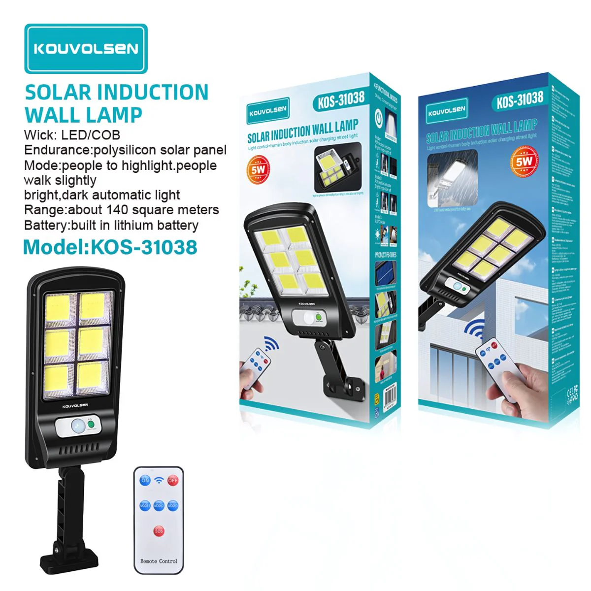 Lámpara Solar LED De Pared Con Sensor De Movimiento Y Control Remoto. 3 Modos De Iluminación. Foco Luz Exterior Impermeable. - Image 2