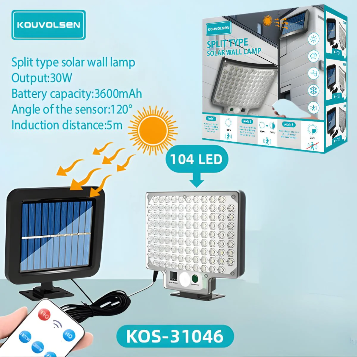 Lámpara Solar LED De Pared Split Con Panel Solar Separado. Luz Exterior De 30W Con Sensor De Movimiento. 104 Leds. 3 Modos De Iluminación.