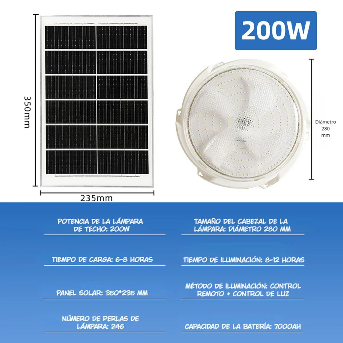 Lámpara Solar LED De Techo 200W Con Panel De Silicio Y Control Remoto. Luz Blanca Fría Para Interiores Y Exteriores Con Panel Solar. - Image 6