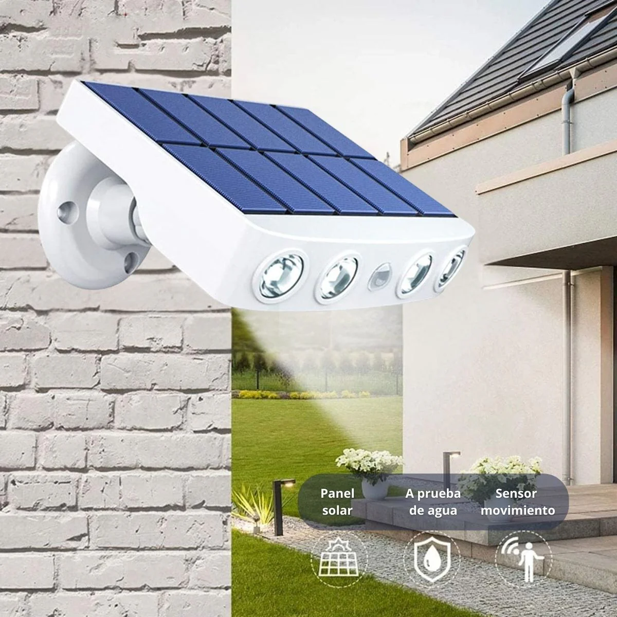 Lámpara Solar LED IP65 Cobertura 50M² 120º Con Sensor De Movimiento. Foco Con Panel Solar Para Exteriores. Luz Blanca. 5V. 300MA.1200 Mah. Color Blanco