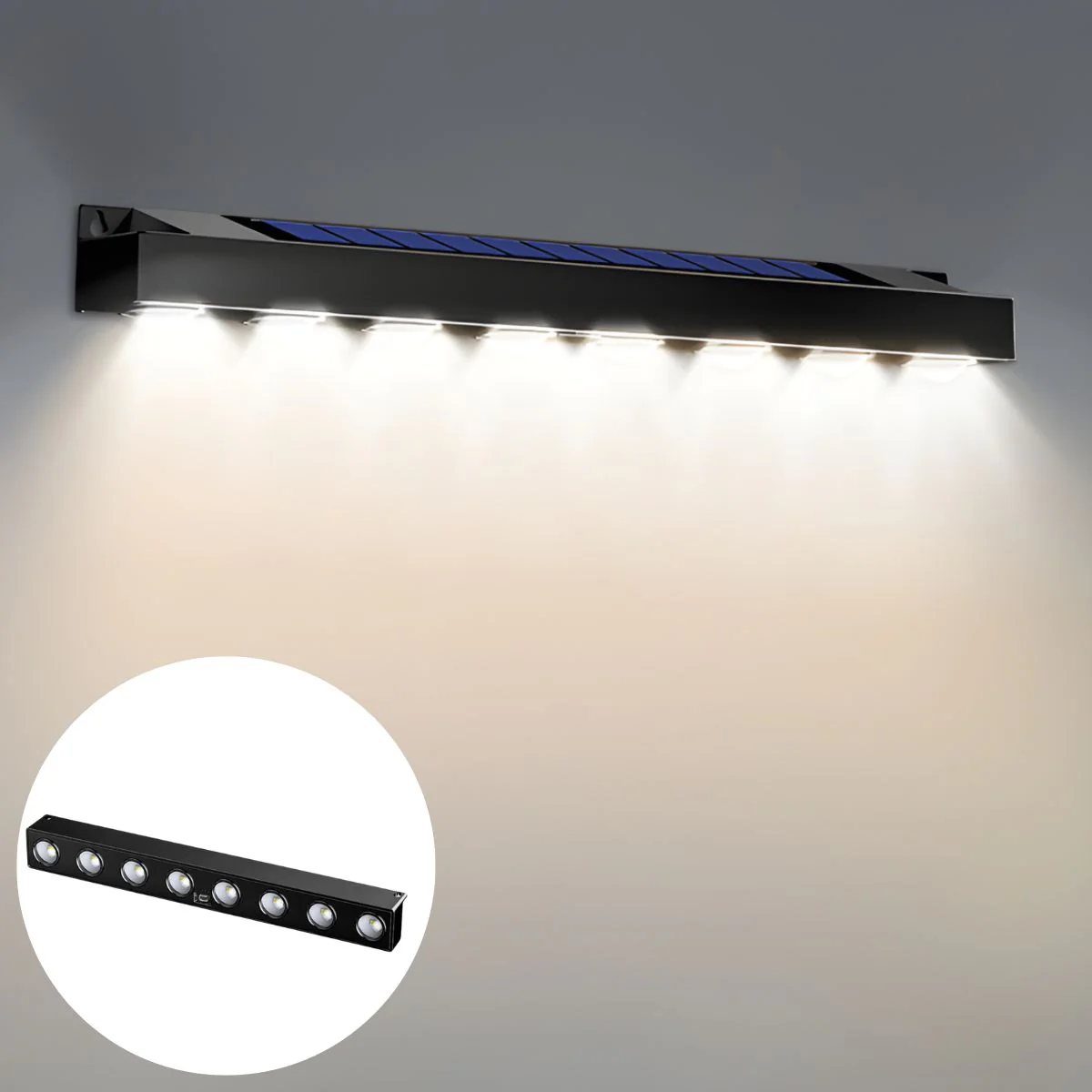 Lámpara Solar LED Lineal Con 8 Focos. Luz Cálida Impermeable Para Exterior. Iluminación Con Panel Solar.