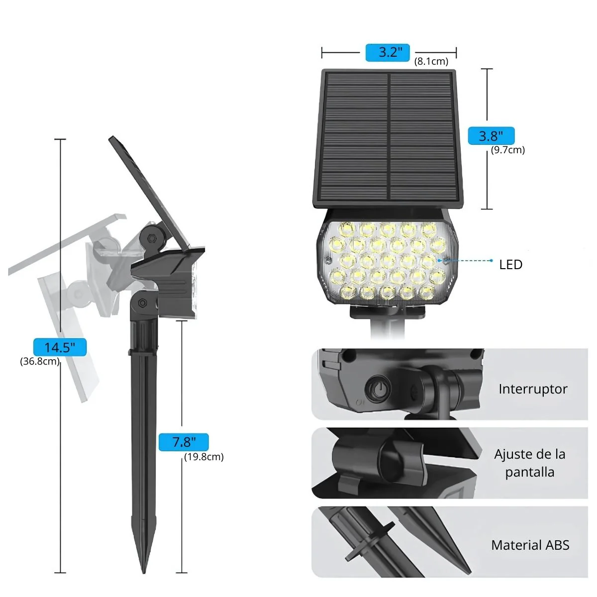 Lampara Solar LED Para Césped Tipo Estaca. (12 Unds) Foco Con Panel Solar Integrado Para Jardín IP67 Resiste Al Agua. (Luz Cálida). 3W. 3.7V - Image 6