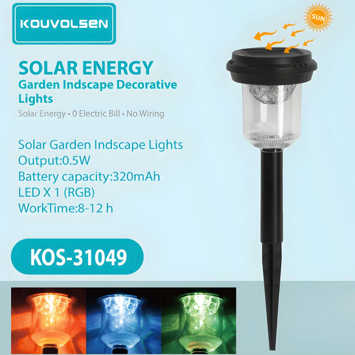 Lámpara Solar LED Para Jardín Tipo Estaca Con Luz RGB. Foco Para Exterior Con Carga Solar Y Encendido Automático Nocturno 0.5W.
