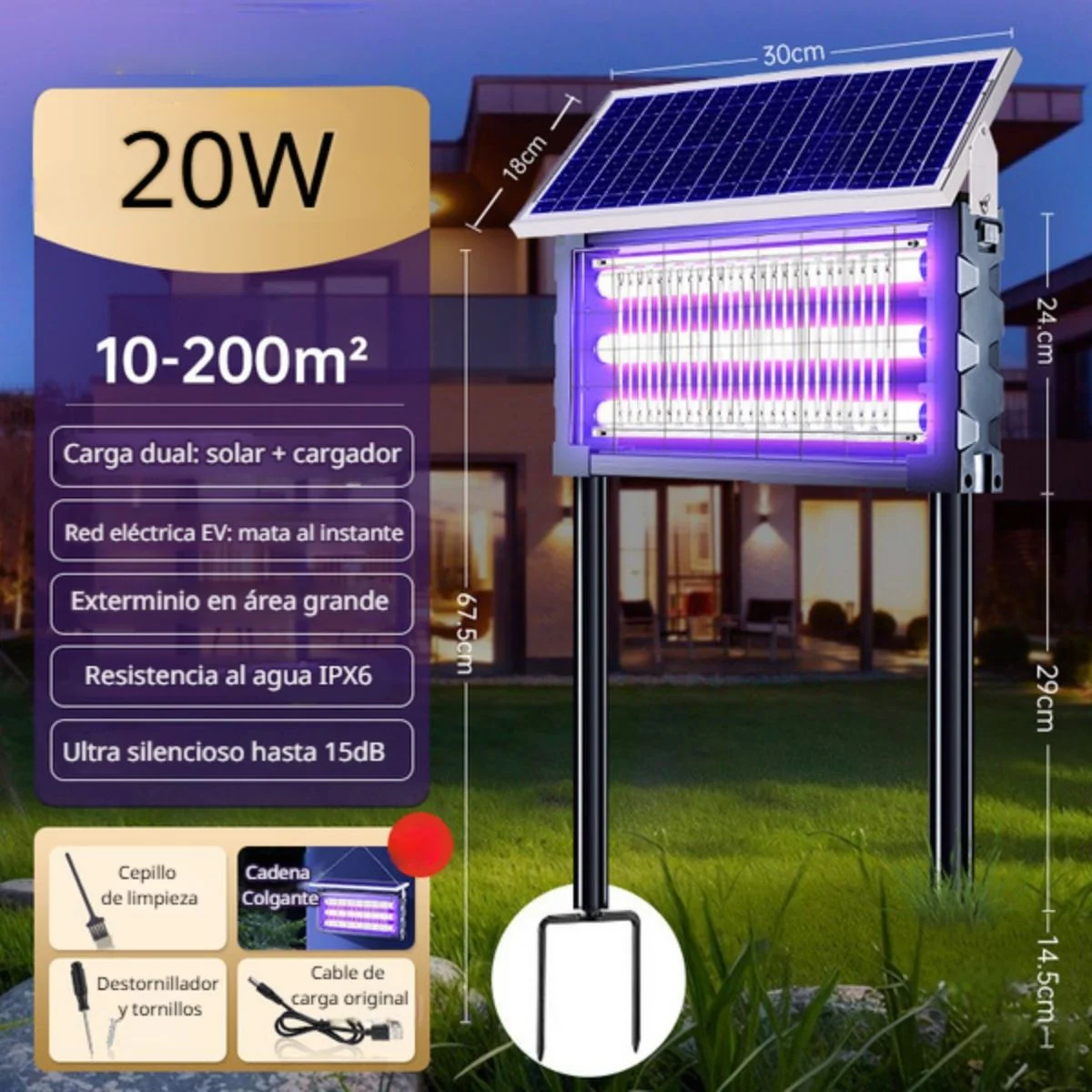 Lámpara Solar Mata Insectos Recargable. Antimosquitos 20W Triple Tubo UV Para Terrazas, Patios, Gazebos. Cobertura 200 M². 30X18x67.5Cm.