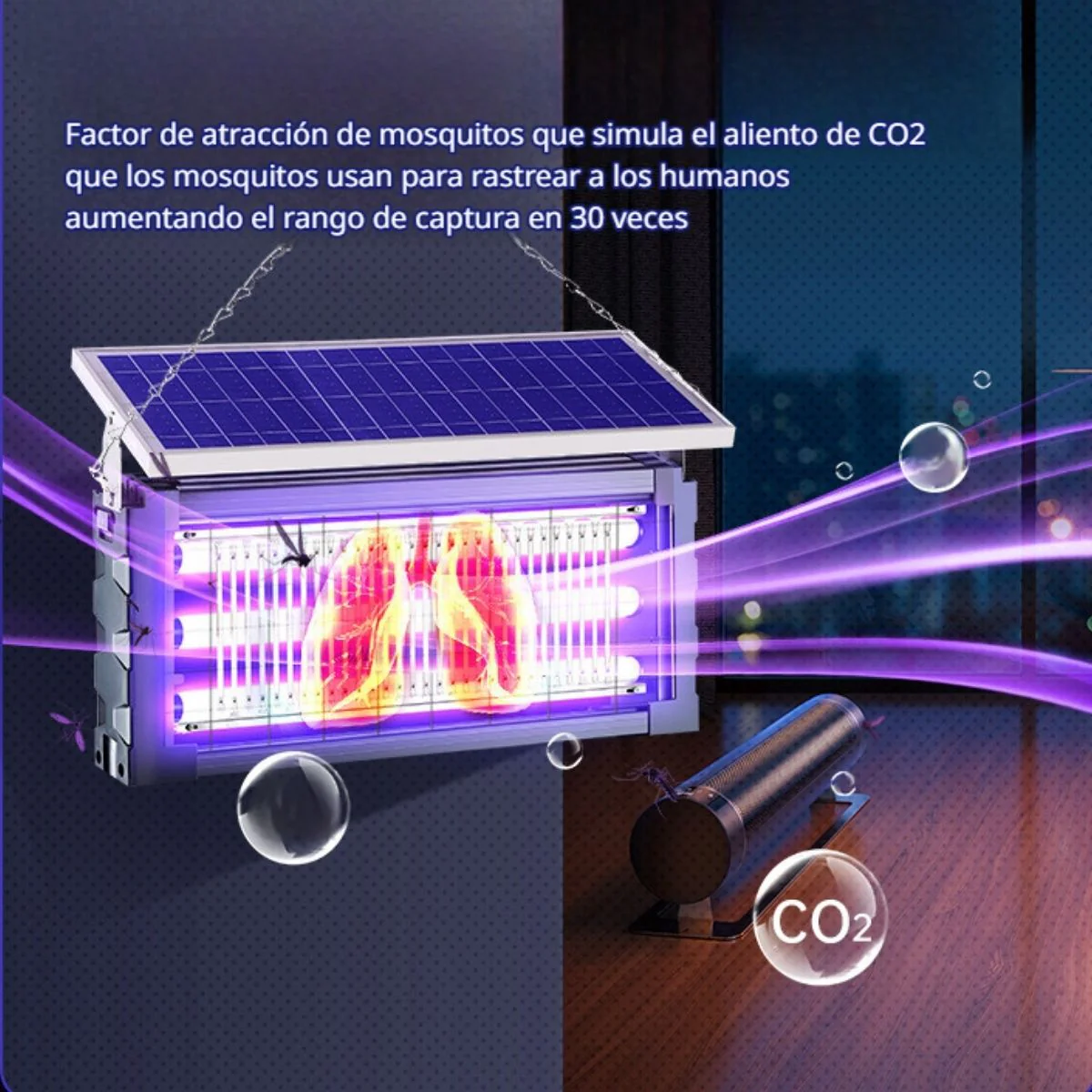 Lámpara Solar Mata Insectos Recargable. Antimosquitos 20W Triple Tubo UV Para Terrazas, Patios, Gazebos. Cobertura 200 M². 30X18x67.5Cm. - Image 2