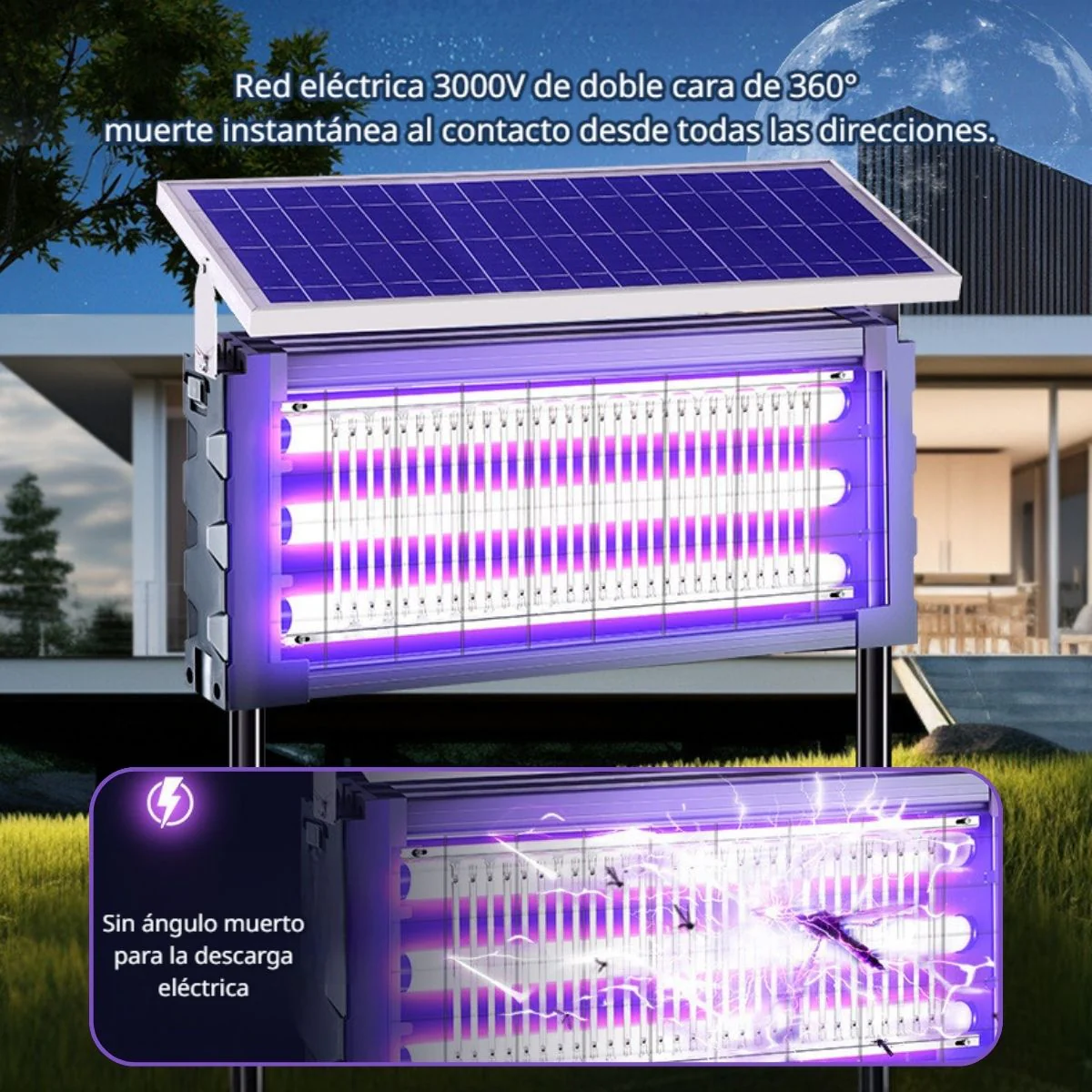 Lámpara Solar Mata Insectos Recargable. Antimosquitos 20W Triple Tubo UV Para Terrazas, Patios, Gazebos. Cobertura 200 M². 30X18x67.5Cm. - Image 3