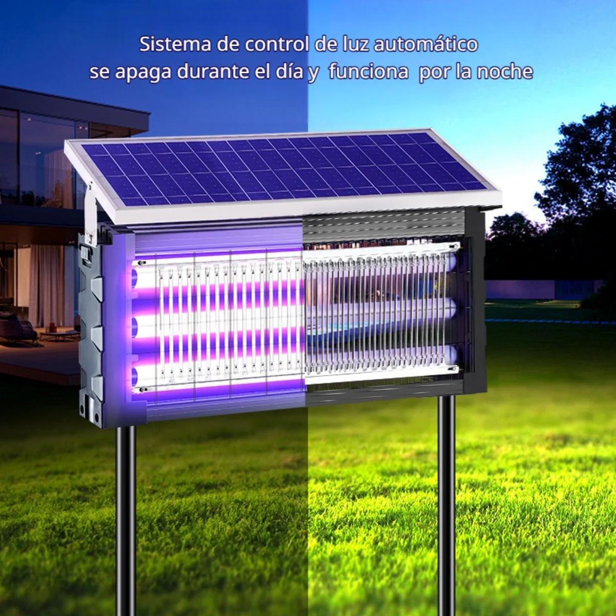 Lámpara Solar Mata Insectos Recargable. Antimosquitos 20W Triple Tubo UV Para Terrazas, Patios, Gazebos. Cobertura 200 M². 30X18x67.5Cm. - Image 4