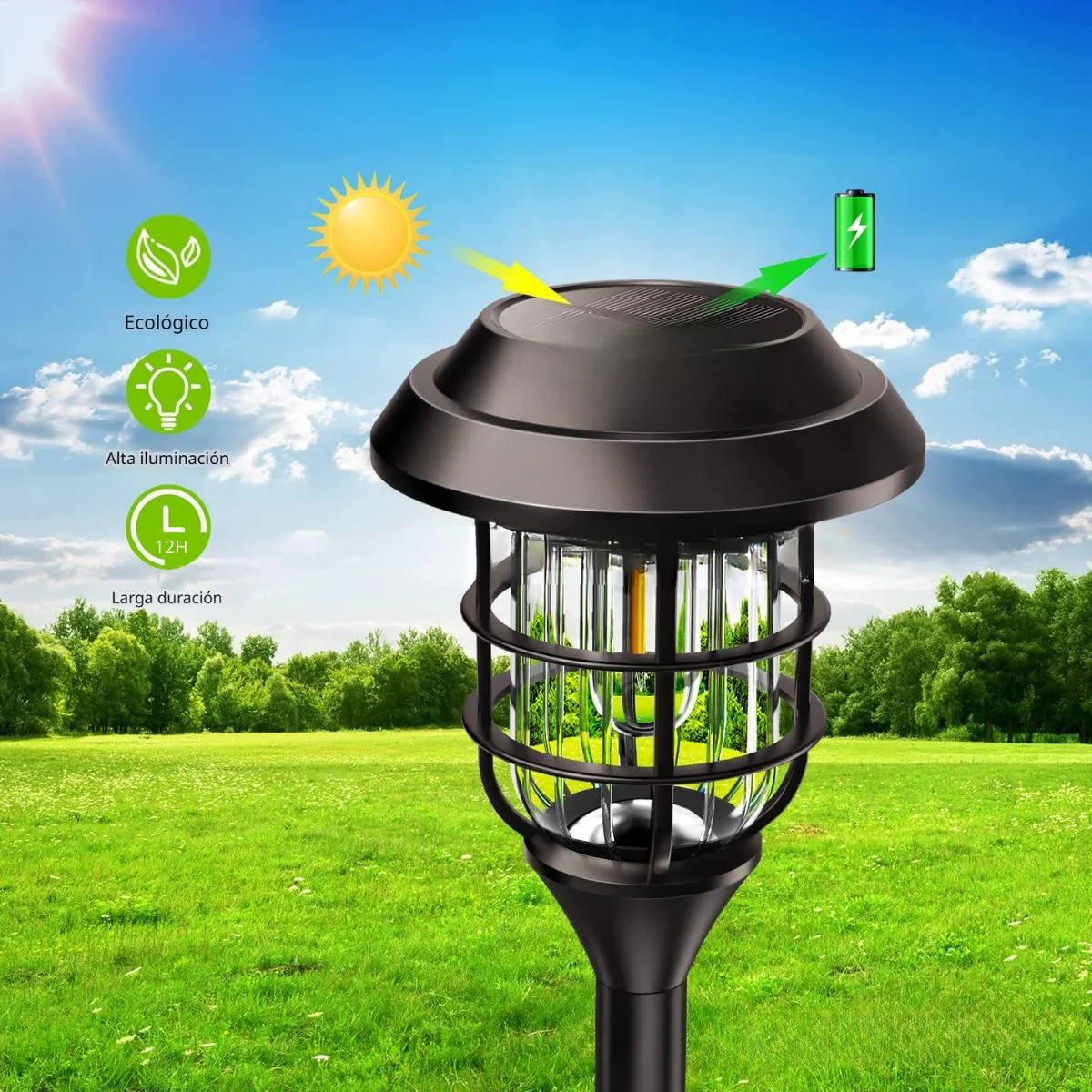 Lampara Solar Para Césped Tipo Estaca LED. (Pack De 8) Lampara Negra Con Panel Solar Integrado. Para Jardín. (Luz Cálida). Foco - Image 2