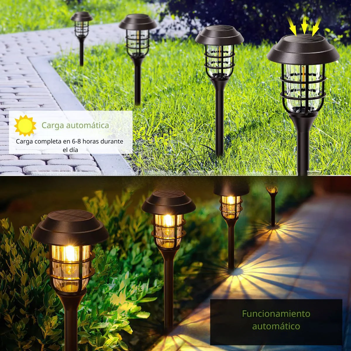 Lampara Solar Para Césped Tipo Estaca LED. (Pack De 8) Lampara Negra Con Panel Solar Integrado. Para Jardín. (Luz Cálida). Foco - Image 4