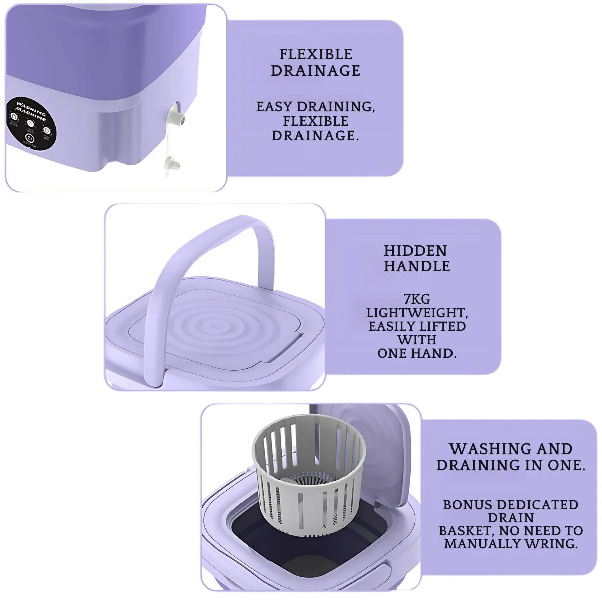 Lavadora Plegable Portátil Silenciosa. Mini Lavado Semiautomático (8 Litros). Color Purpura. Pequeña. - Image 3