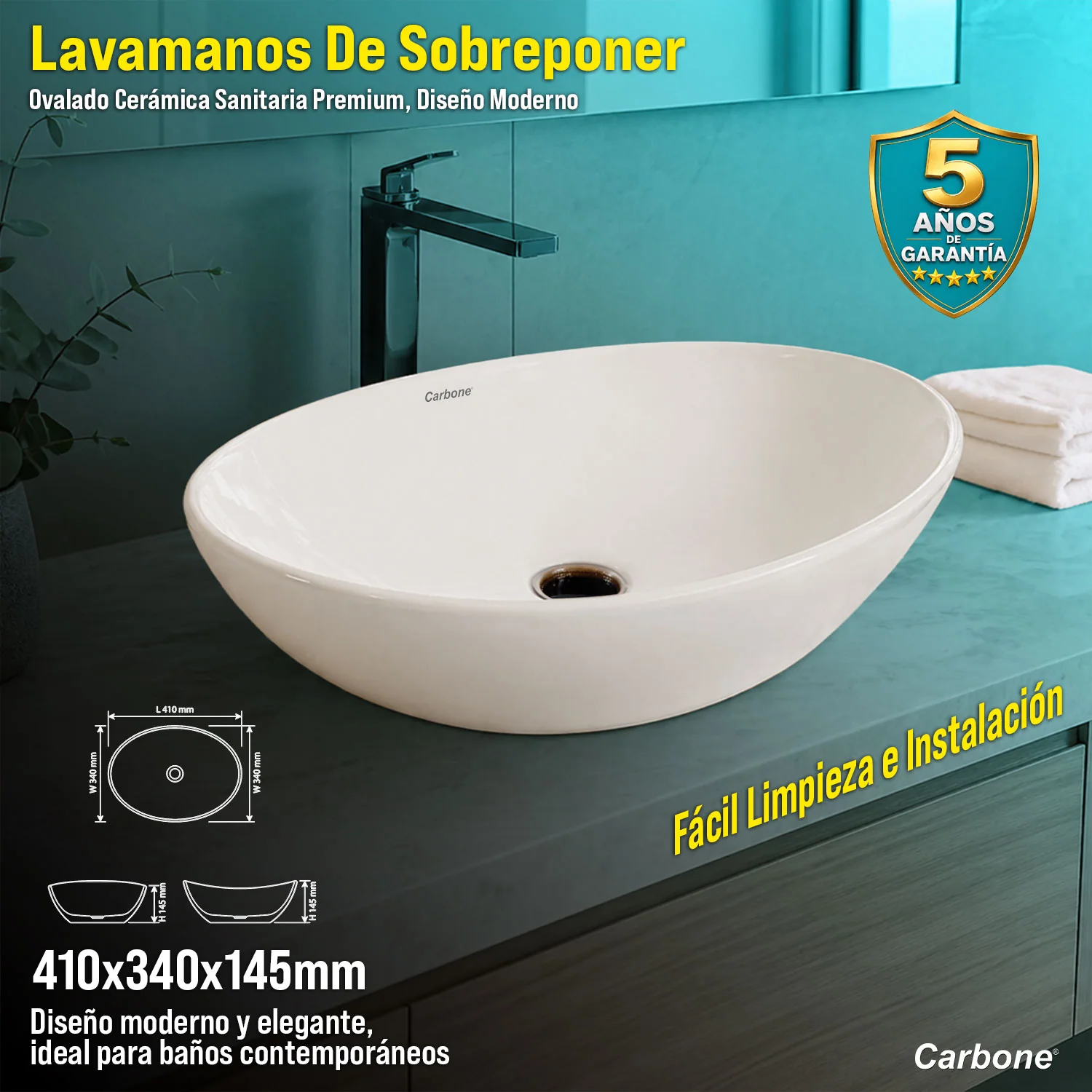 Lavamanos De Sobreponer Ovalado Cerámica Sanitaria Premium, Diseño Moderno 410X340x145mm
