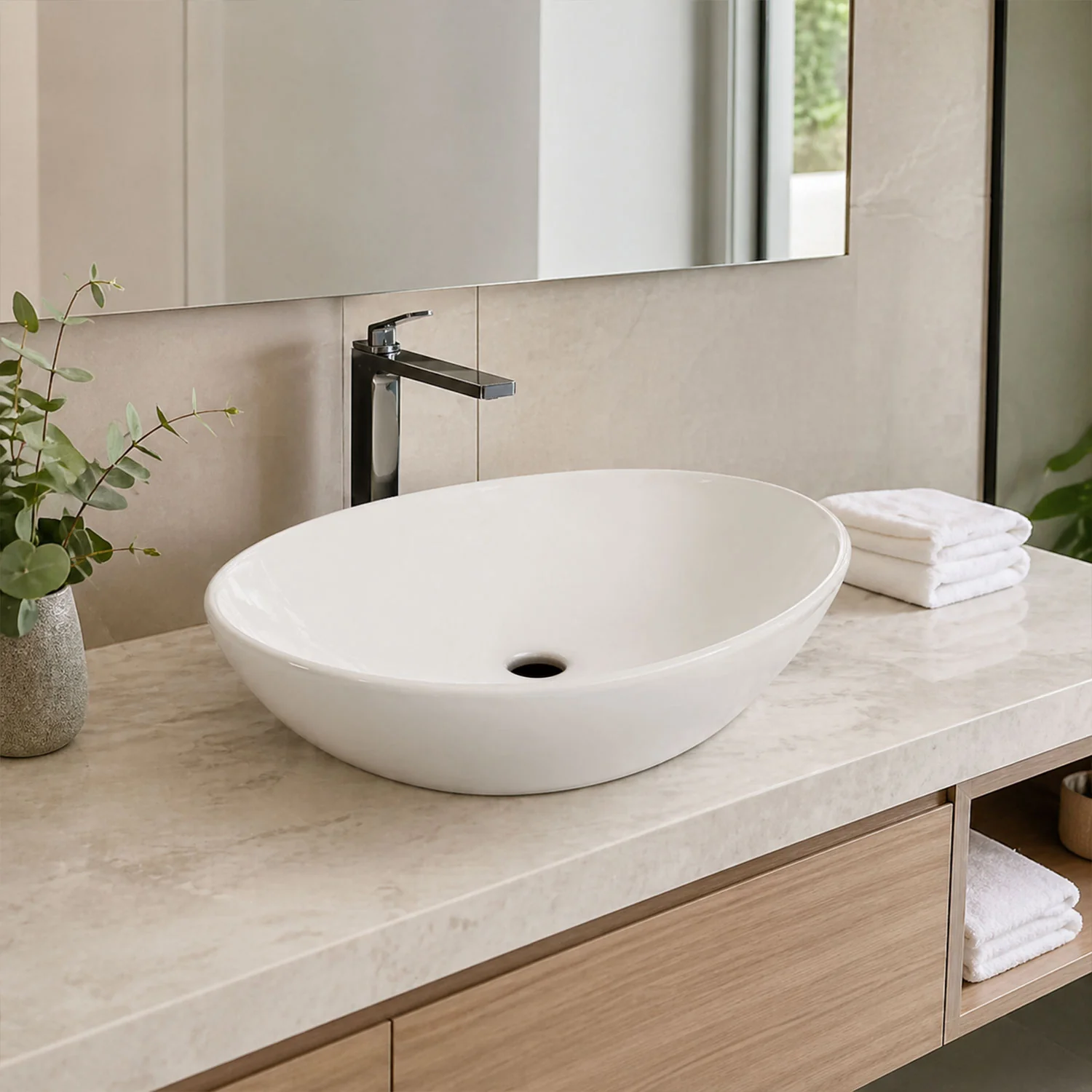 Lavamanos De Sobreponer Ovalado Cerámica Sanitaria Premium, Diseño Moderno 410X340x145mm - Image 2
