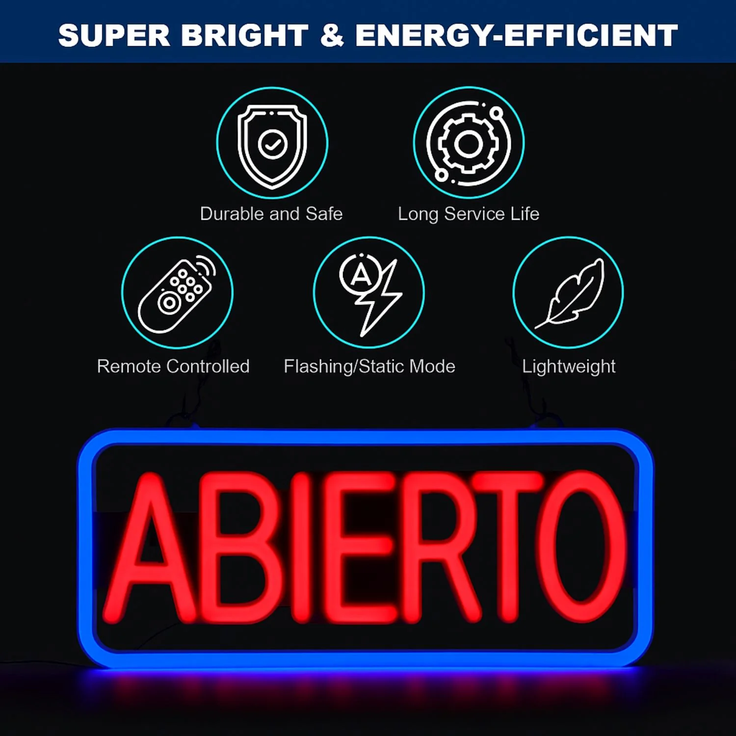 Letrero LED NEON ABIERTO, 50X25cm, Marco Azul Y Texto Rojo, 110V Con Cadena Para Colgar. Moderno Y Llamativo.  Rotulo Neón Abierto - Image 2