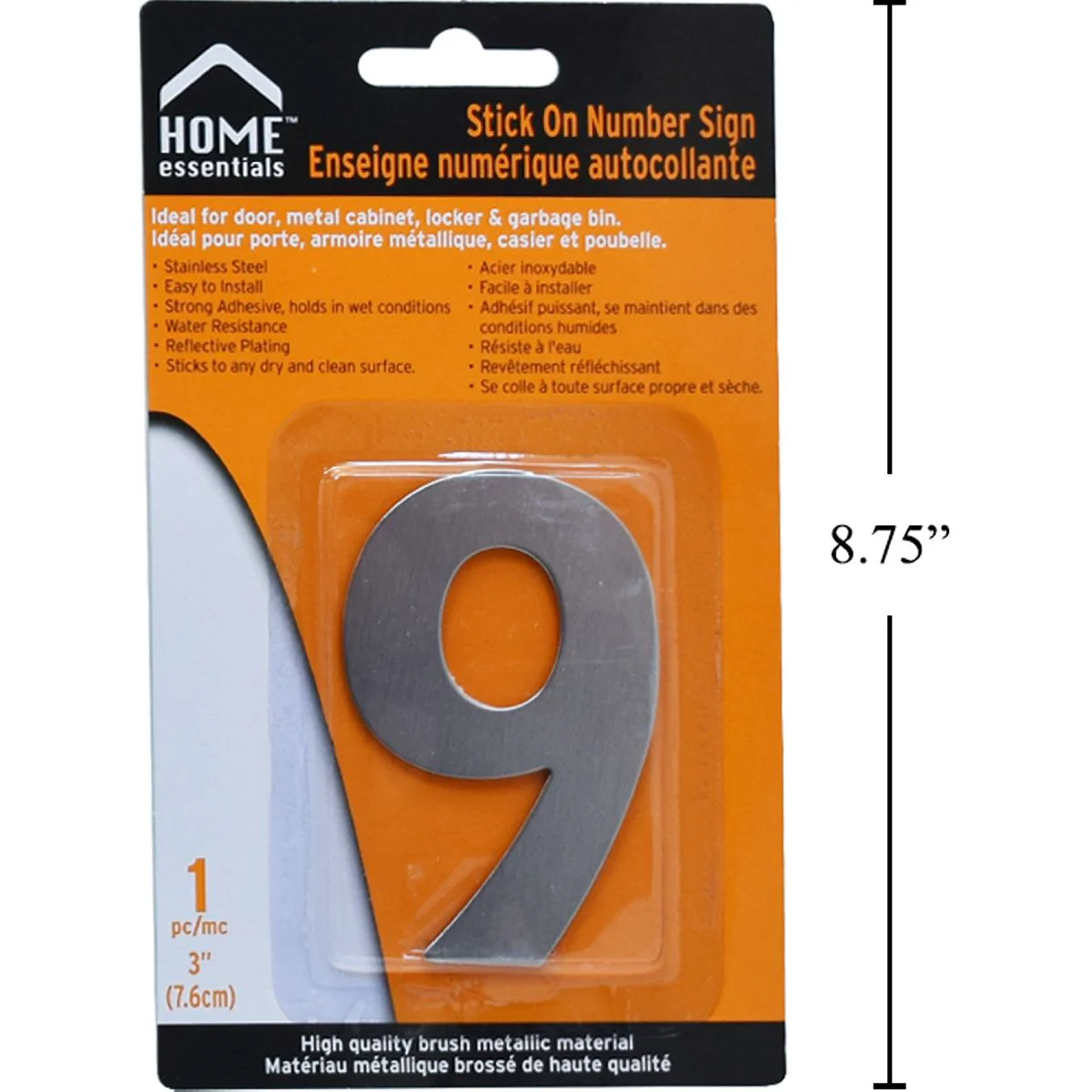 Letrero Señal Numérica Adhesiva De 3" # 9 Acero Inoxidable