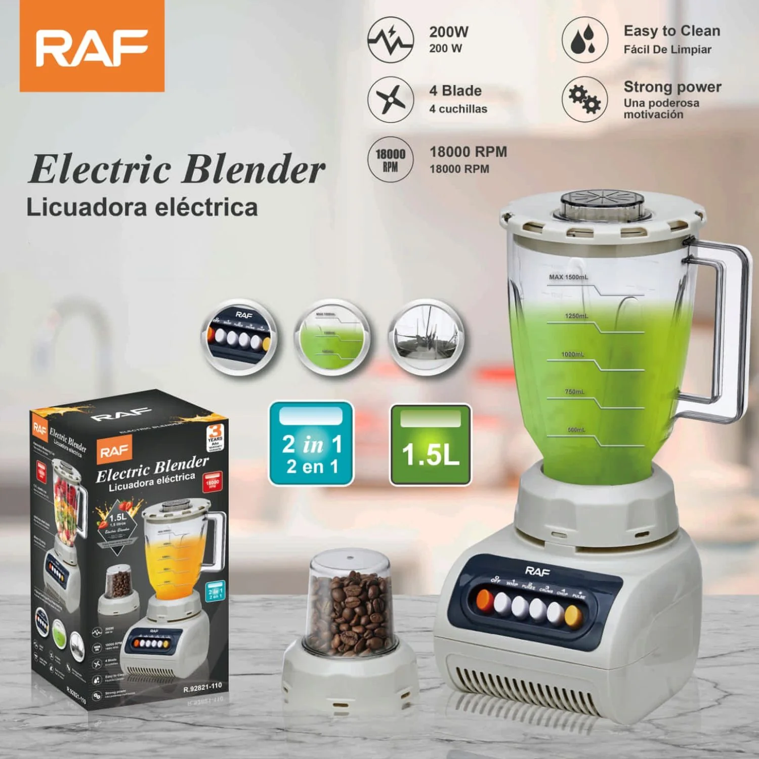Licuadora 200W 110V/60Hz  1.5L Con Molino 2 En 1  4 Cuchillas Y 5 Velocidades. Fácil De Limpiar. Blender (Colores Surtidos)