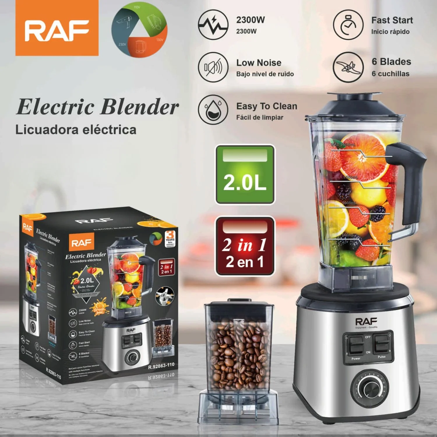Licuadora Eléctrica Y Moledor De Café 2 En 1 2300W 110V/60Hz 6 Cuchillas Y Vaso 2.5L. Blender Y Accesorio Moledor