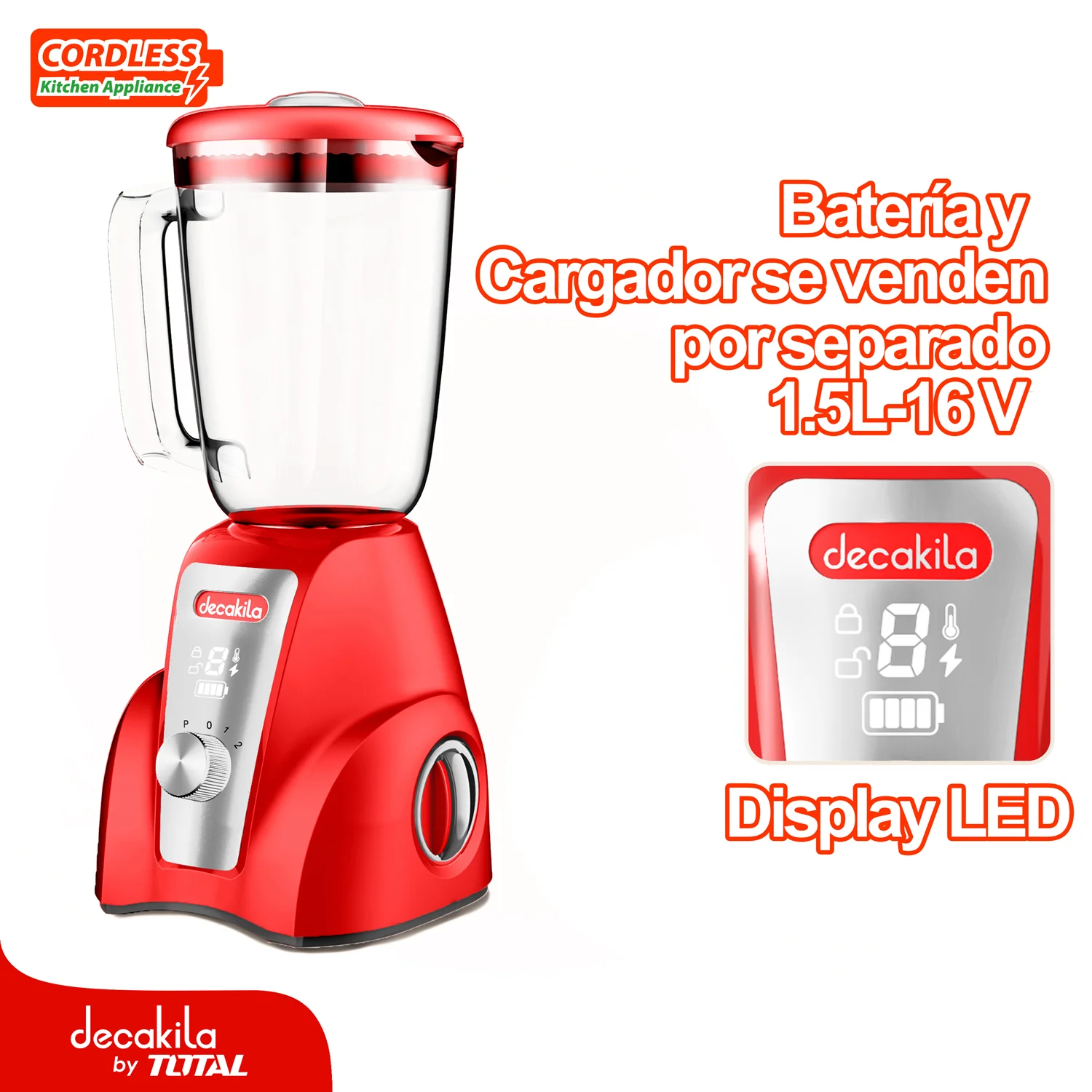 Licuadora Inalámbrica Roja 1.5L 300W 16V 2 Velocidades. Batería Y Cargador Por Separado.