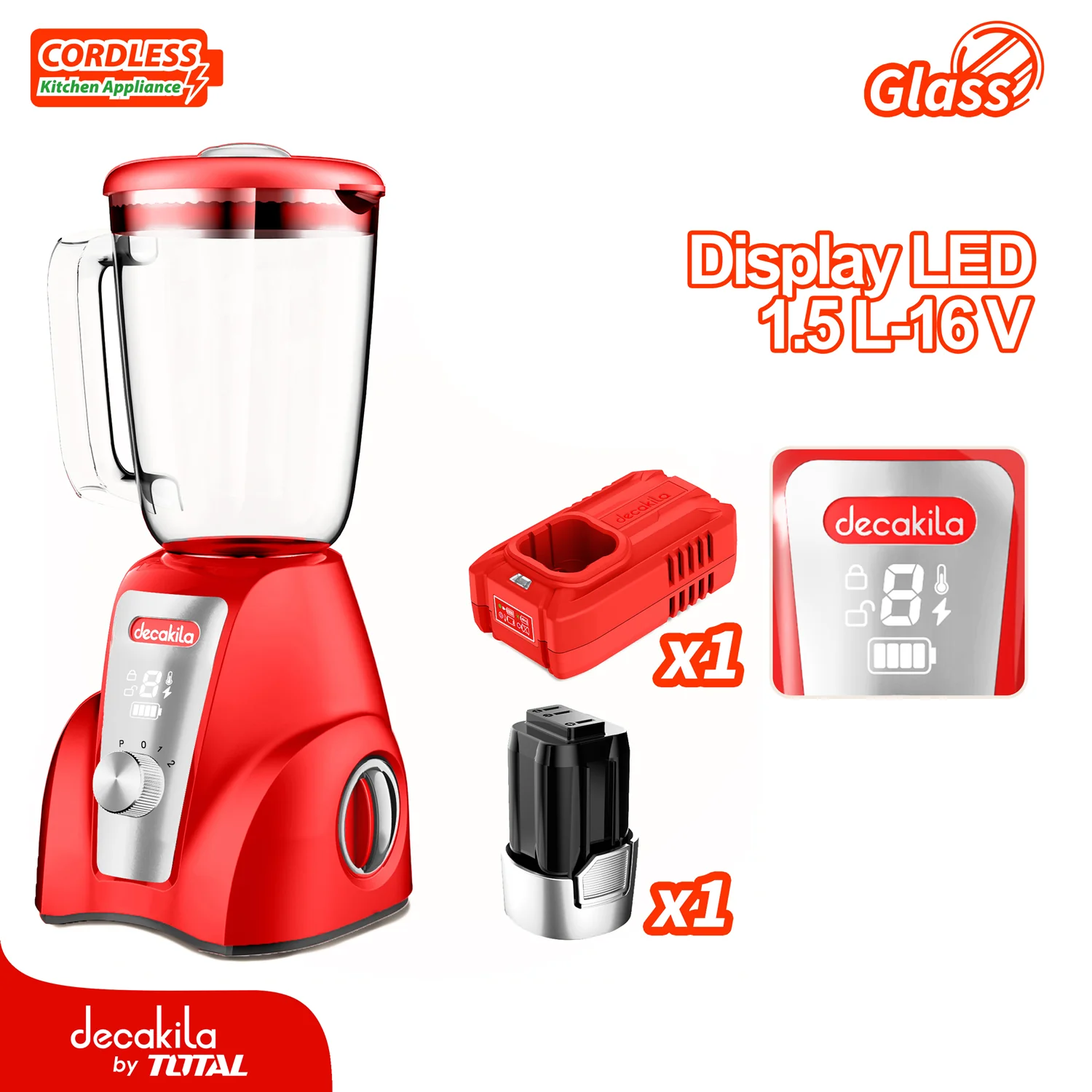 Licuadora Inalámbrica Roja 1.5L 300W 16V 2 Velocidades.Jarra De Vidrio. Incluye Batería Y Cargador.